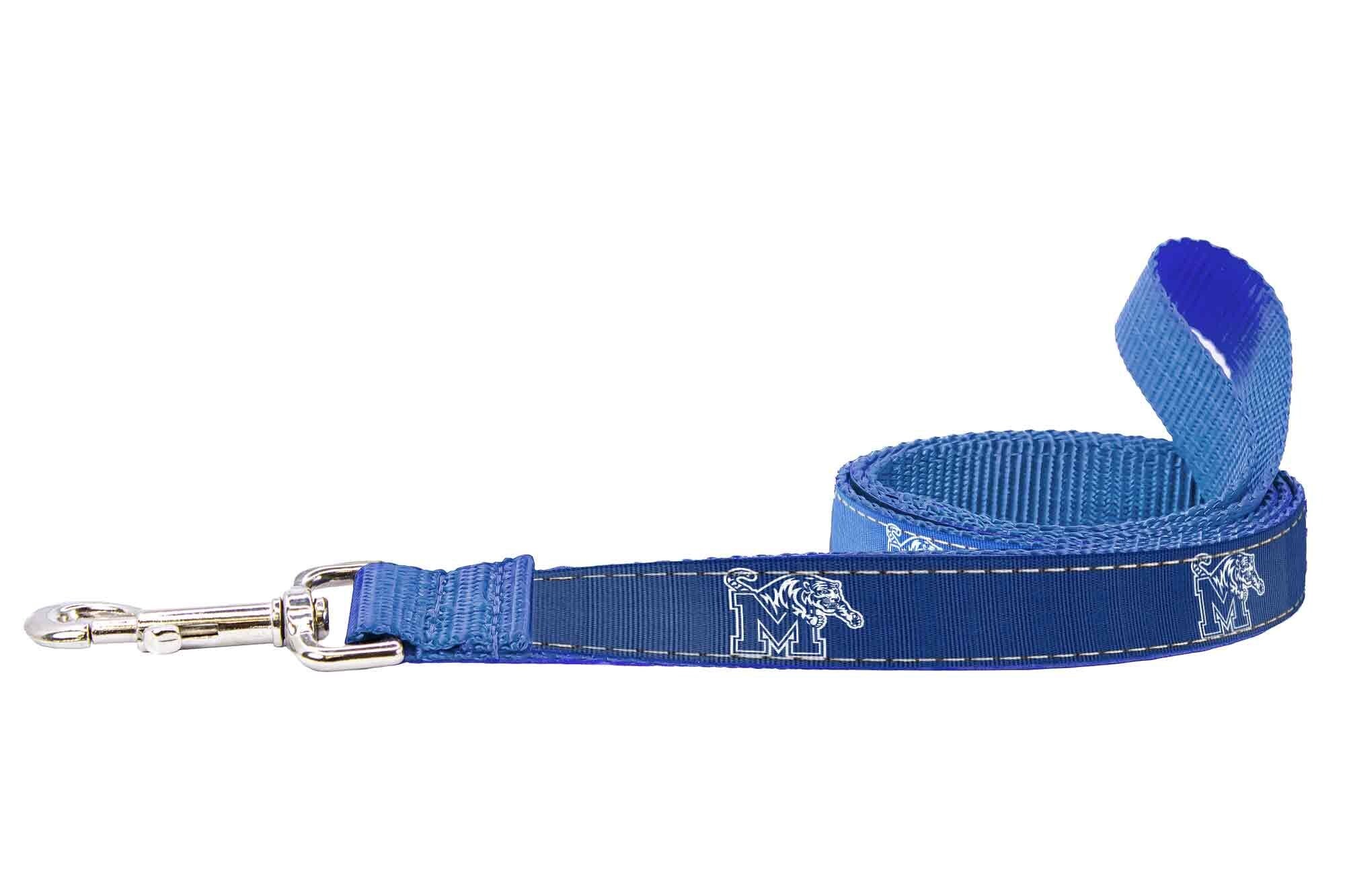 Memphis Tigers Collegiate Woven Ribbon Dog Collar. Pet Lead. Adjustable Nylon Webbing. Snap Buckle and D-ring. Swivel Bolt Snap.