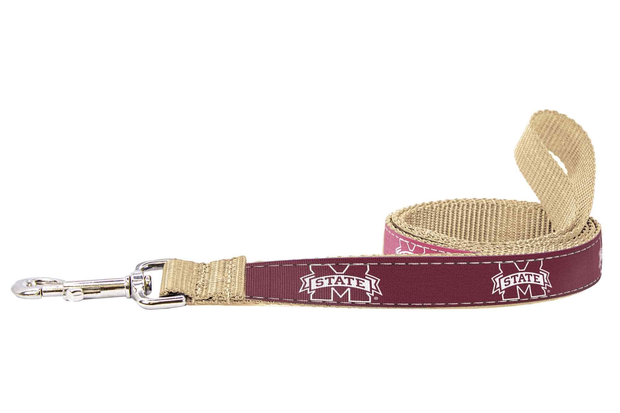 Mississippi State Bulldogs Collegiate Woven Ribbon Dog Collar. Pet Lead. Adjustable Nylon Webbing. Snap Buckle and D-ring. Swivel Bolt Snap.