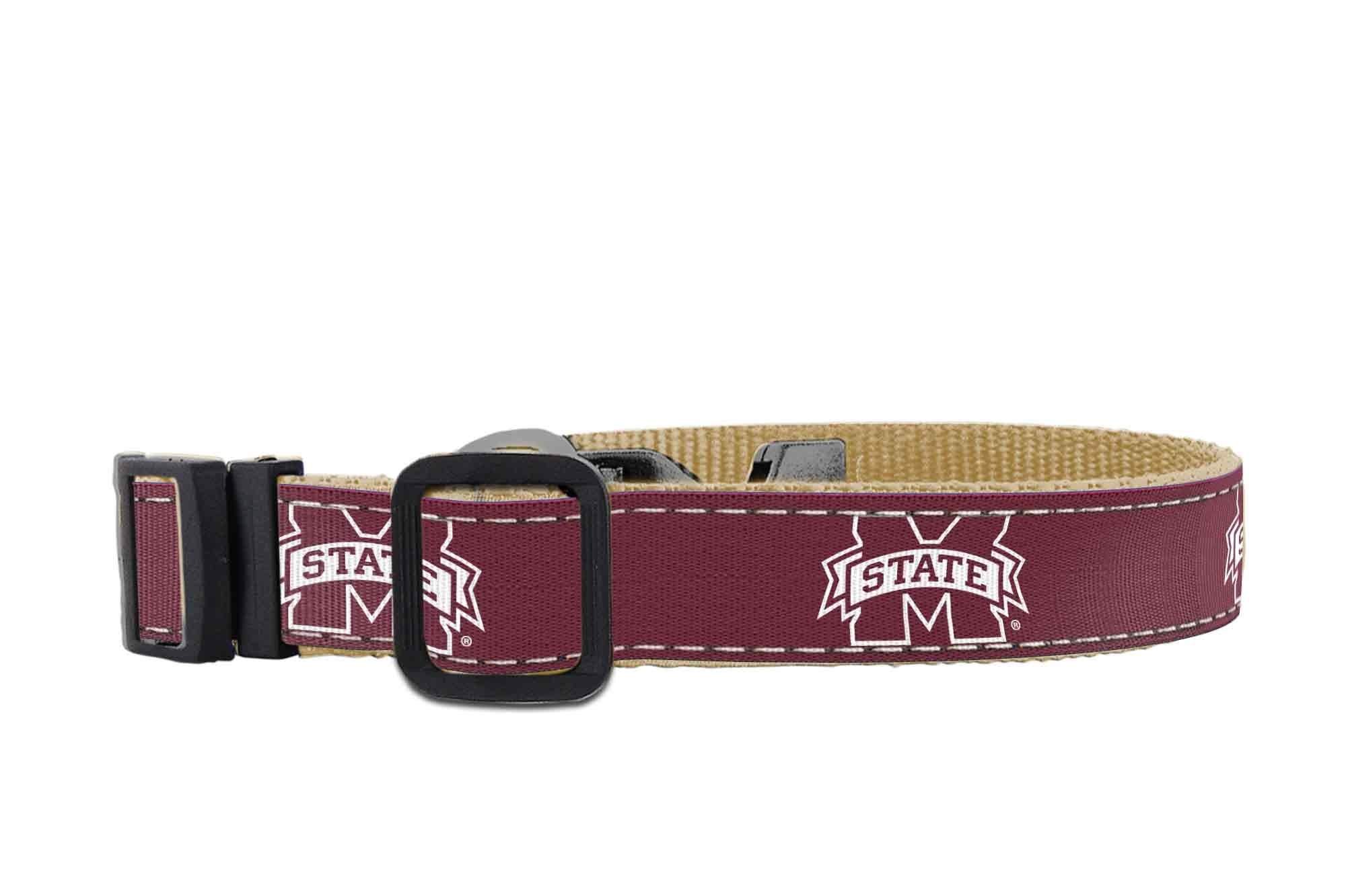 Mississippi State Bulldogs Collegiate Woven Ribbon Dog Collar. Pet Lead. Adjustable Nylon Webbing. Snap Buckle and D-ring. Swivel Bolt Snap.
