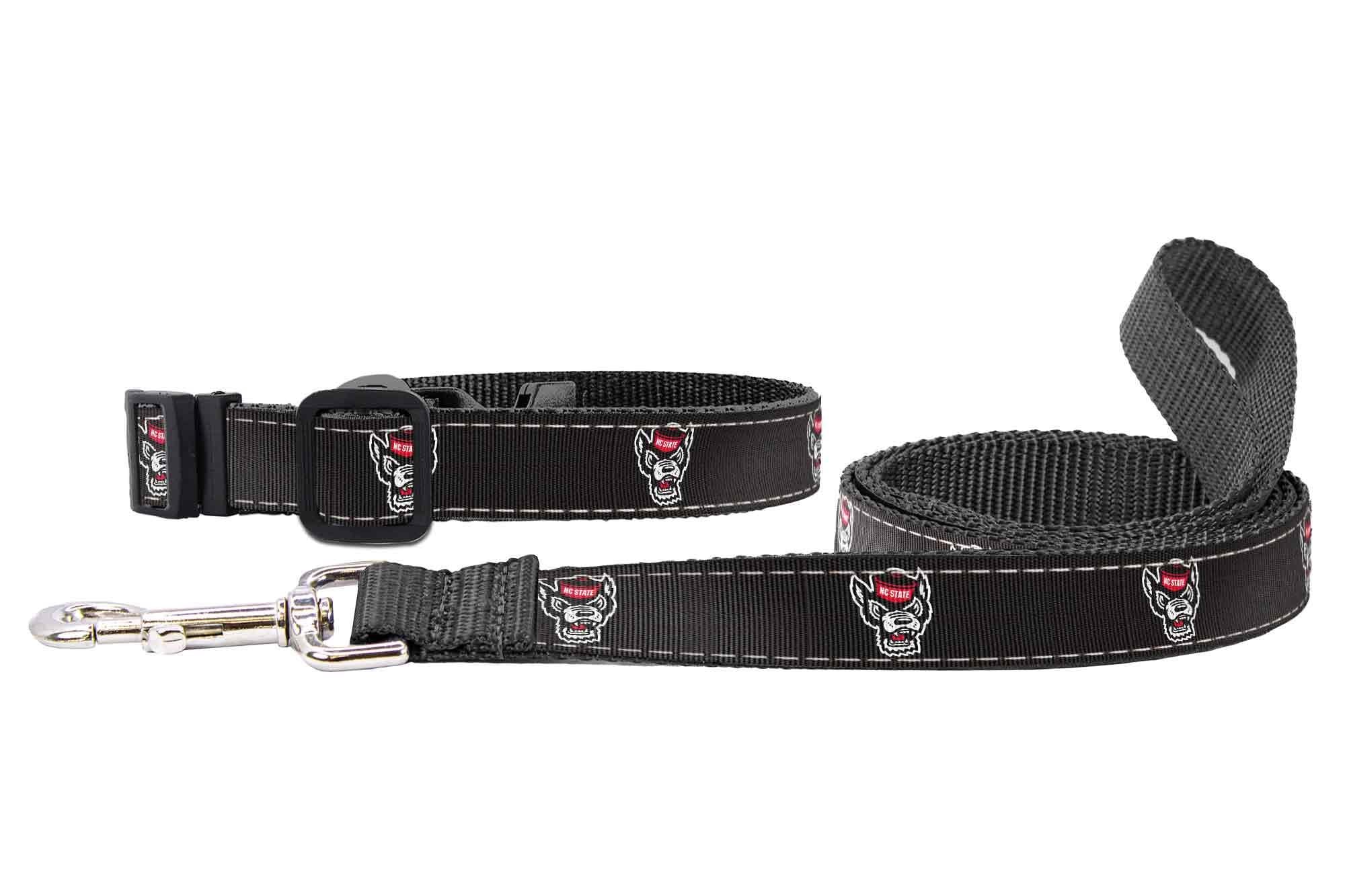 NC State Woldpack Collegiate Woven Ribbon Dog Collar. Pet Lead. Adjustable Nylon Webbing. Snap Buckle and D-ring. Swivel Bolt Snap.