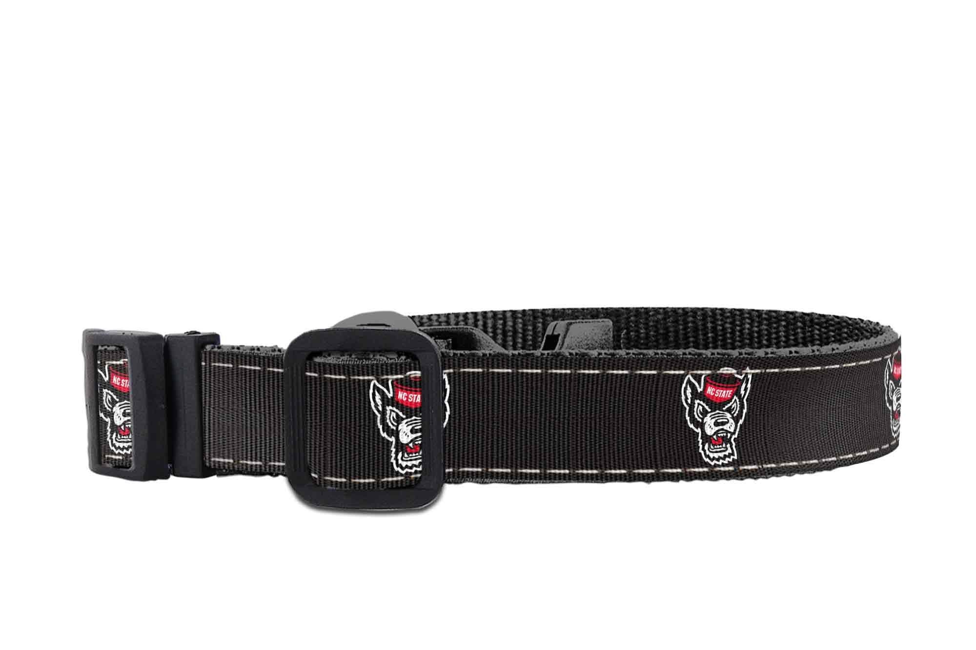 NC State Woldpack Collegiate Woven Ribbon Dog Collar. Pet Lead. Adjustable Nylon Webbing. Snap Buckle and D-ring. Swivel Bolt Snap.