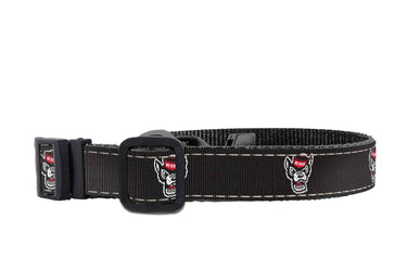 NC State Woldpack Collegiate Woven Ribbon Dog Collar. Pet Lead. Adjustable Nylon Webbing. Snap Buckle and D-ring. Swivel Bolt Snap.