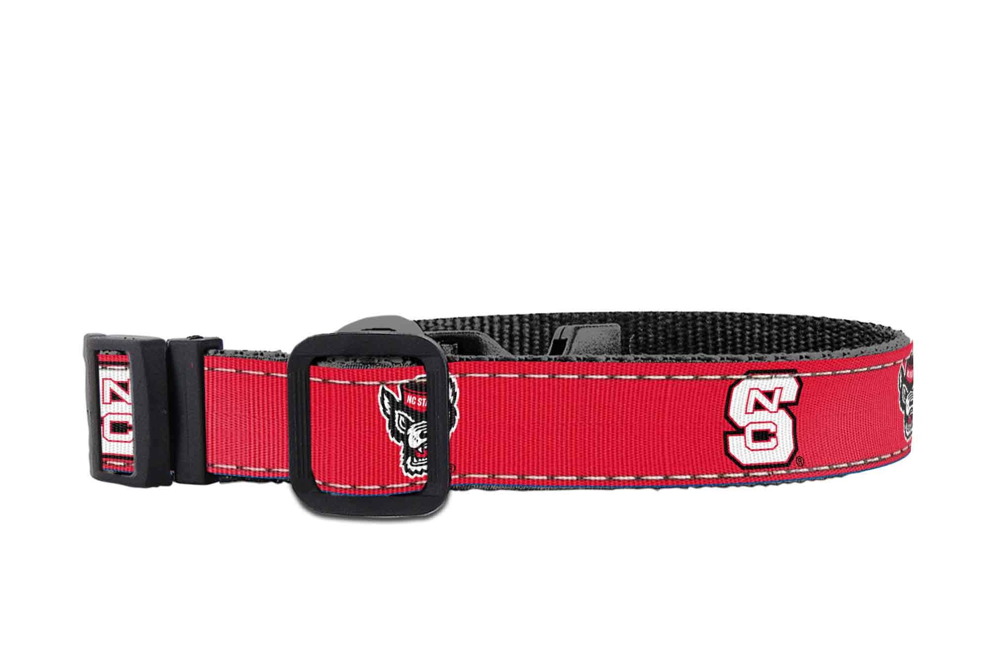 NC State Woldpack Collegiate Woven Ribbon Dog Collar. Pet Lead. Adjustable Nylon Webbing. Snap Buckle and D-ring. Swivel Bolt Snap.