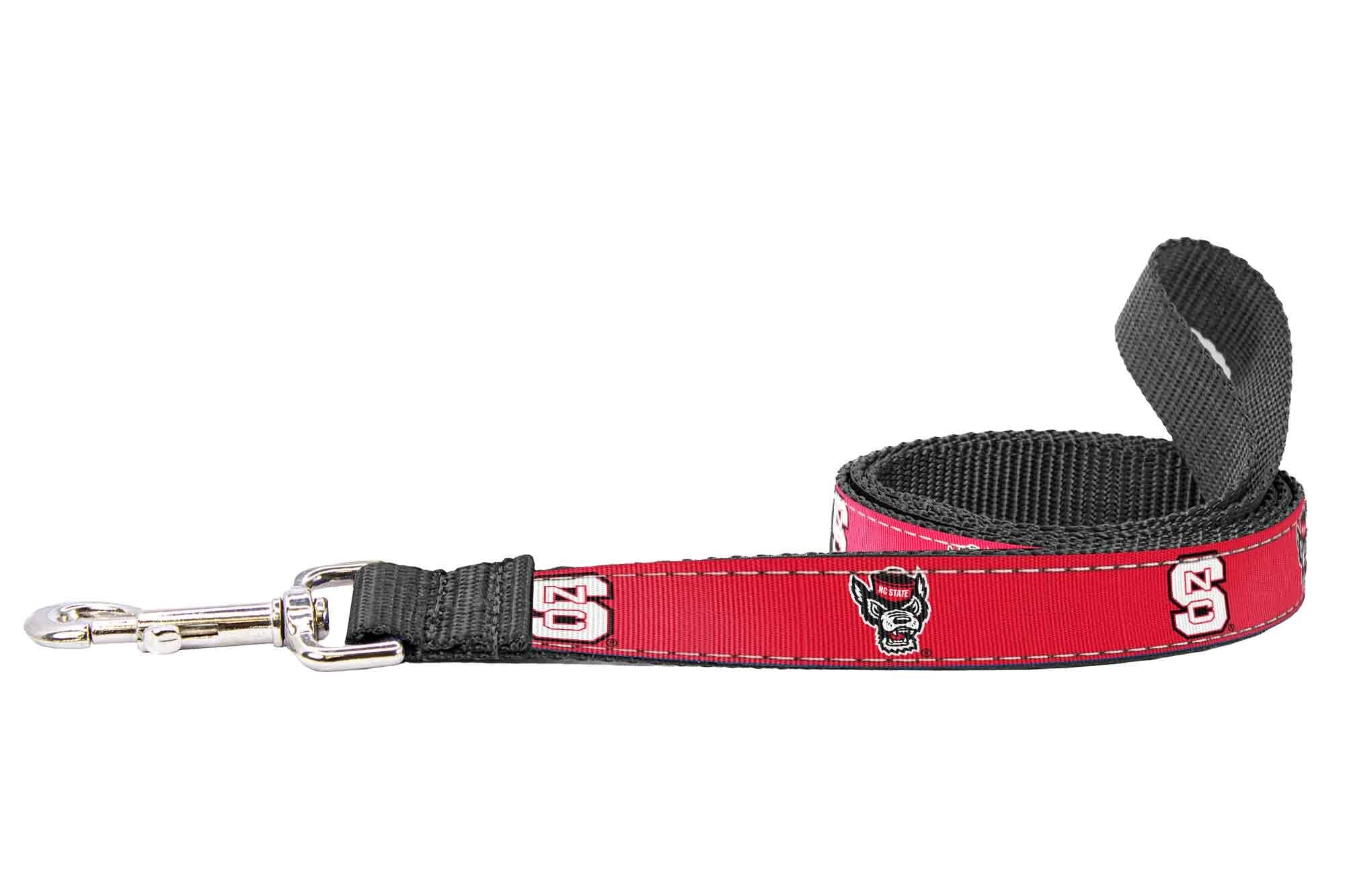 NC State Woldpack Collegiate Woven Ribbon Dog Collar. Pet Lead. Adjustable Nylon Webbing. Snap Buckle and D-ring. Swivel Bolt Snap.
