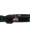 Ohio State Buckeyes Collegiate Woven Ribbon Dog Collar. Pet Lead. Adjustable Nylon Webbing. Snap Buckle and D-ring. Swivel Bolt Snap.