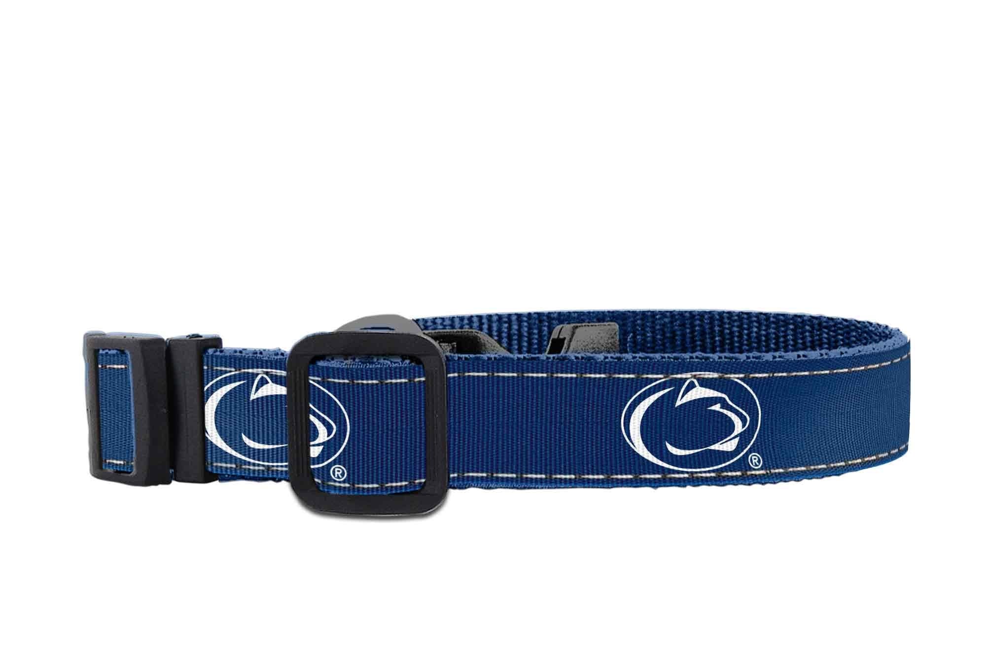 Penn State Nittany Lions Collegiate Woven Ribbon Dog Collar. Pet Lead. Adjustable Nylon Webbing. Snap Buckle and D-ring. Swivel Bolt Snap.