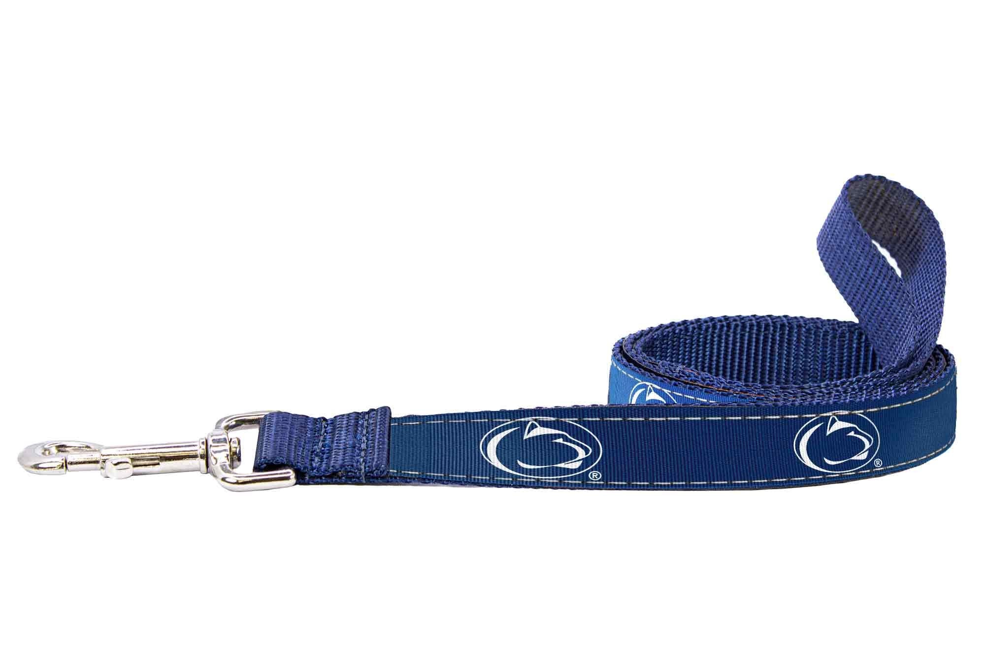 Penn State Nittany Lions Collegiate Woven Ribbon Dog Collar. Pet Lead. Adjustable Nylon Webbing. Snap Buckle and D-ring. Swivel Bolt Snap.