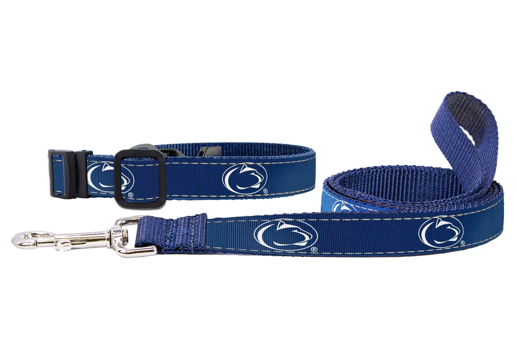 Penn State Nittany Lions Collegiate Woven Ribbon Dog Collar. Pet Lead. Adjustable Nylon Webbing. Snap Buckle and D-ring. Swivel Bolt Snap.