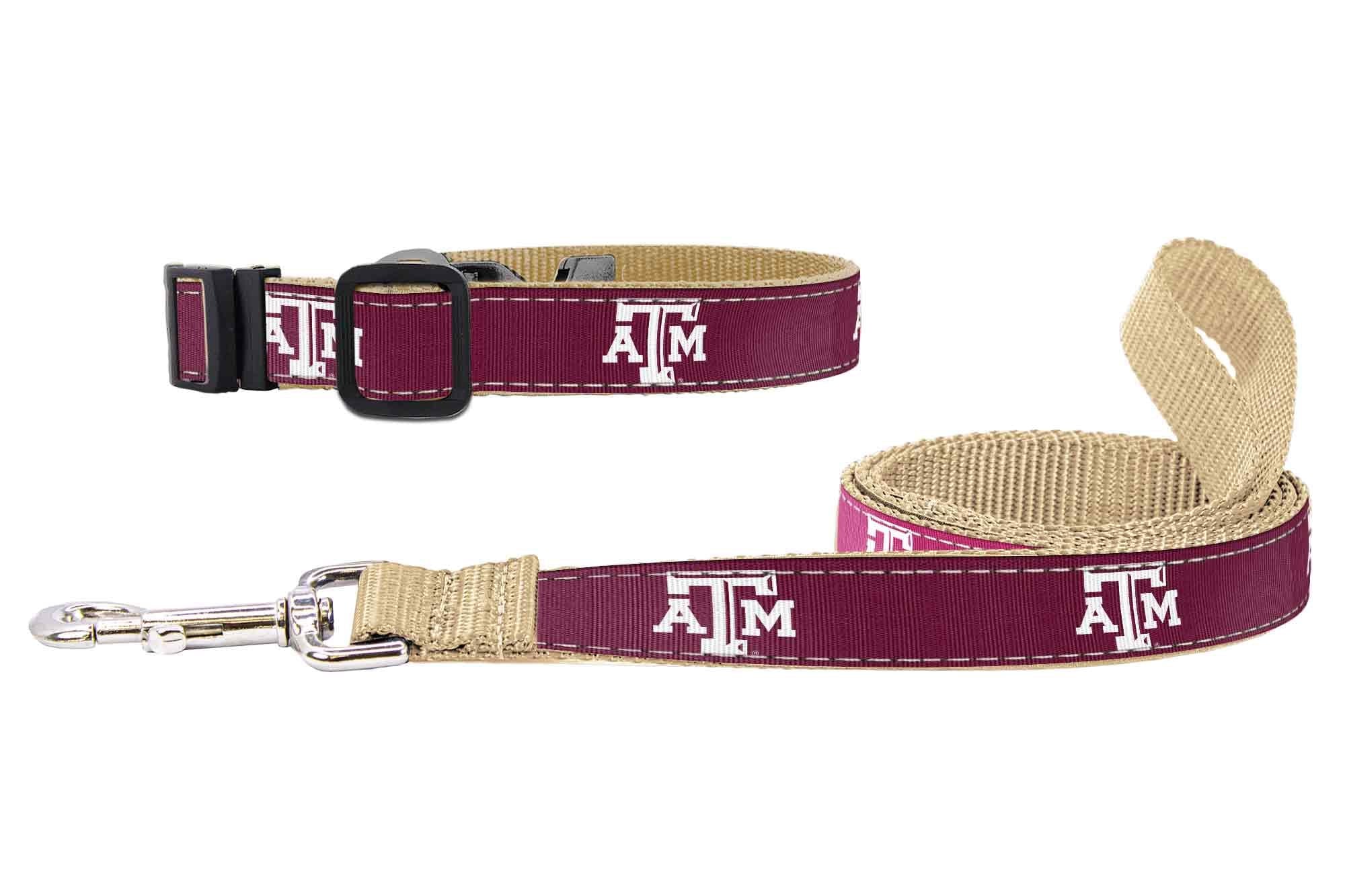 Texas A&M Aggies Collegiate Woven Ribbon Dog Collar. Pet Lead. Adjustable Nylon Webbing. Snap Buckle and D-ring. Swivel Bolt Snap.