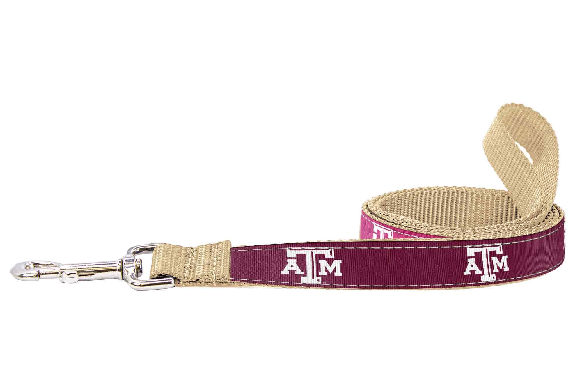 Texas A&M Aggies Collegiate Woven Ribbon Dog Collar. Pet Lead. Adjustable Nylon Webbing. Snap Buckle and D-ring. Swivel Bolt Snap.