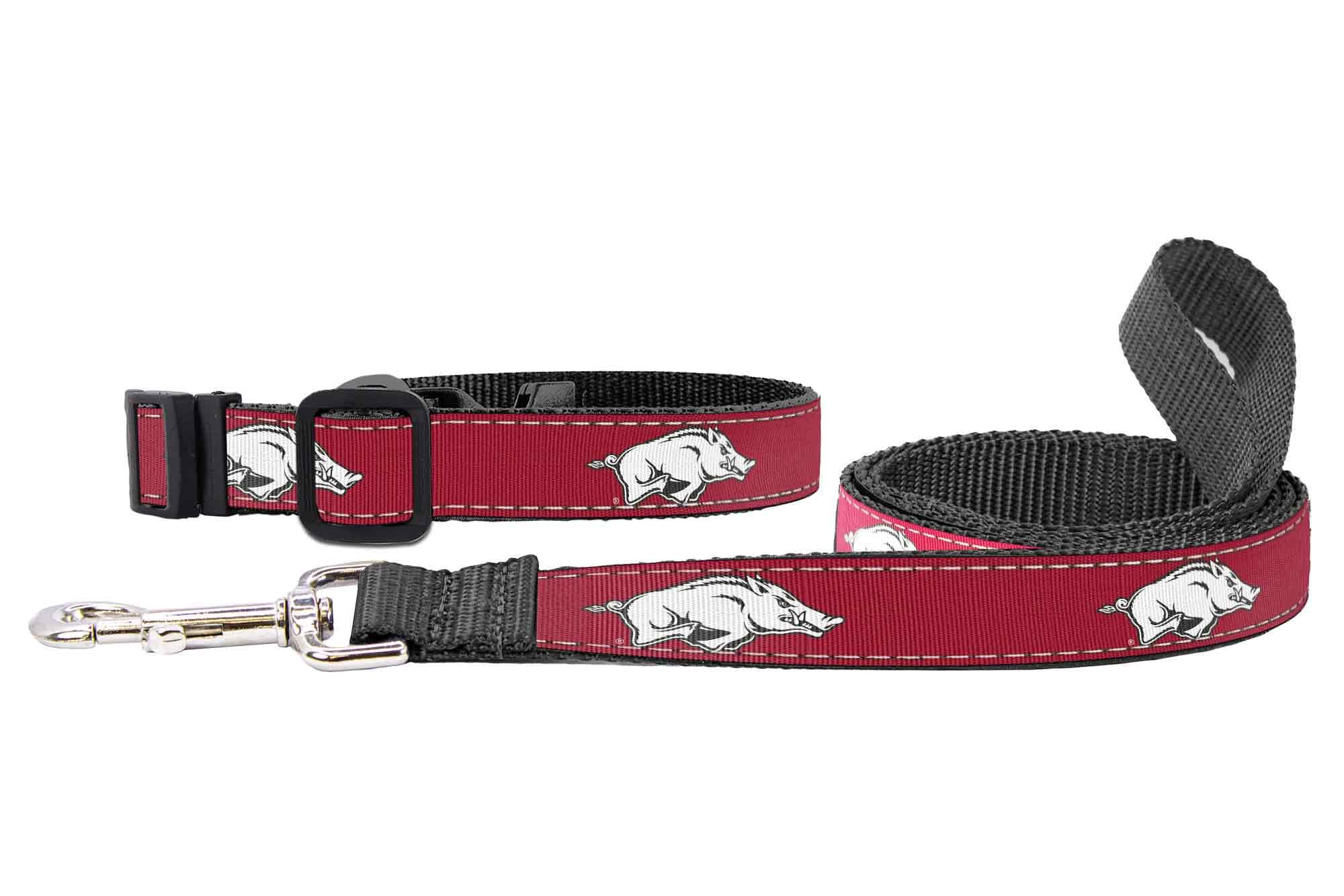 Arkansas Razorbacks Collegiate Woven Ribbon Dog Collar. Pet Lead. Adjustable Nylon Webbing. Snap Buckle and D-ring. Swivel Bolt Snap.