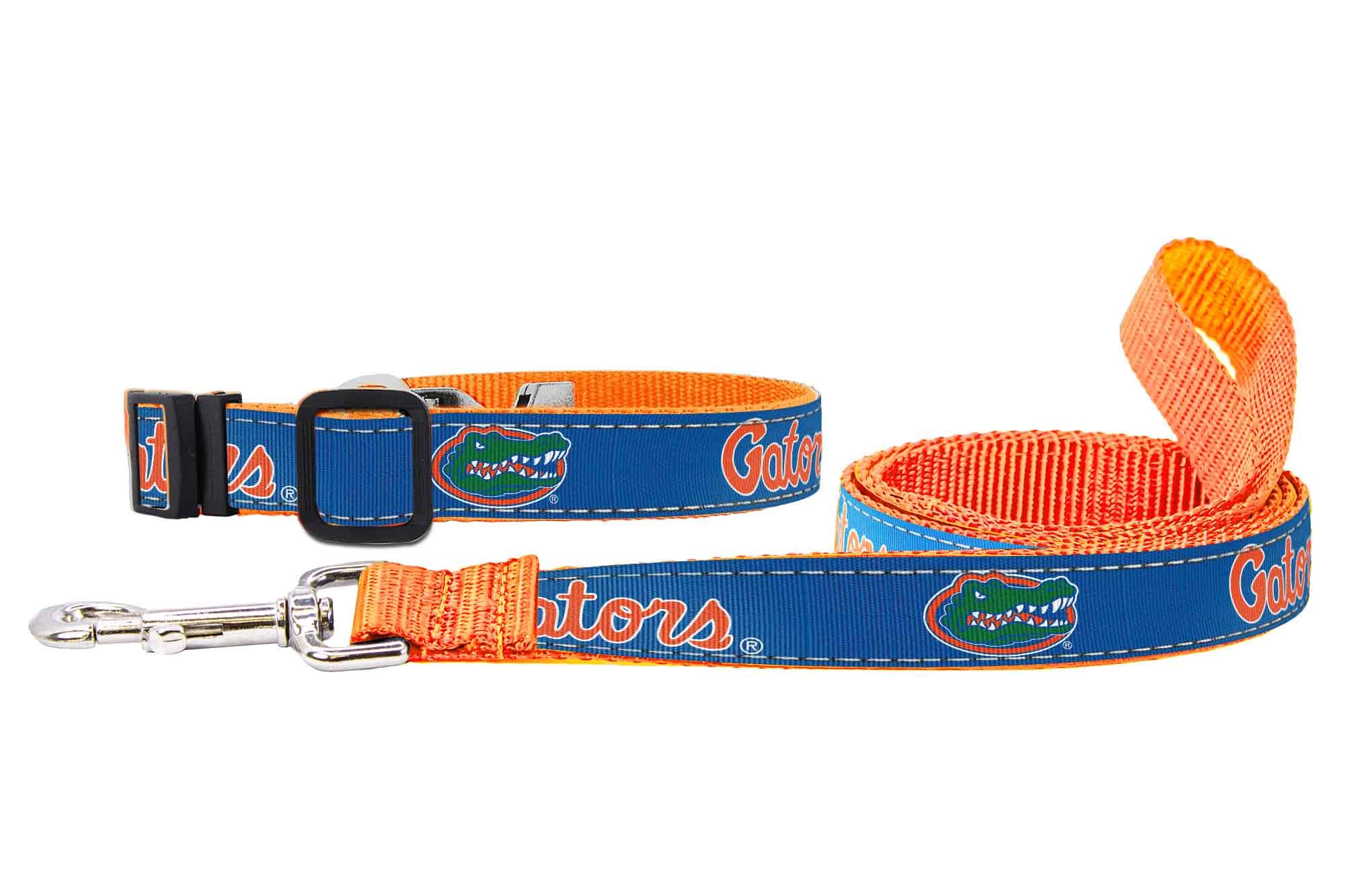 Florida Gators Collegiate Woven Ribbon Dog Collar. Pet Lead. Adjustable Nylon Webbing. Snap Buckle and D-ring. Swivel Bolt Snap.
