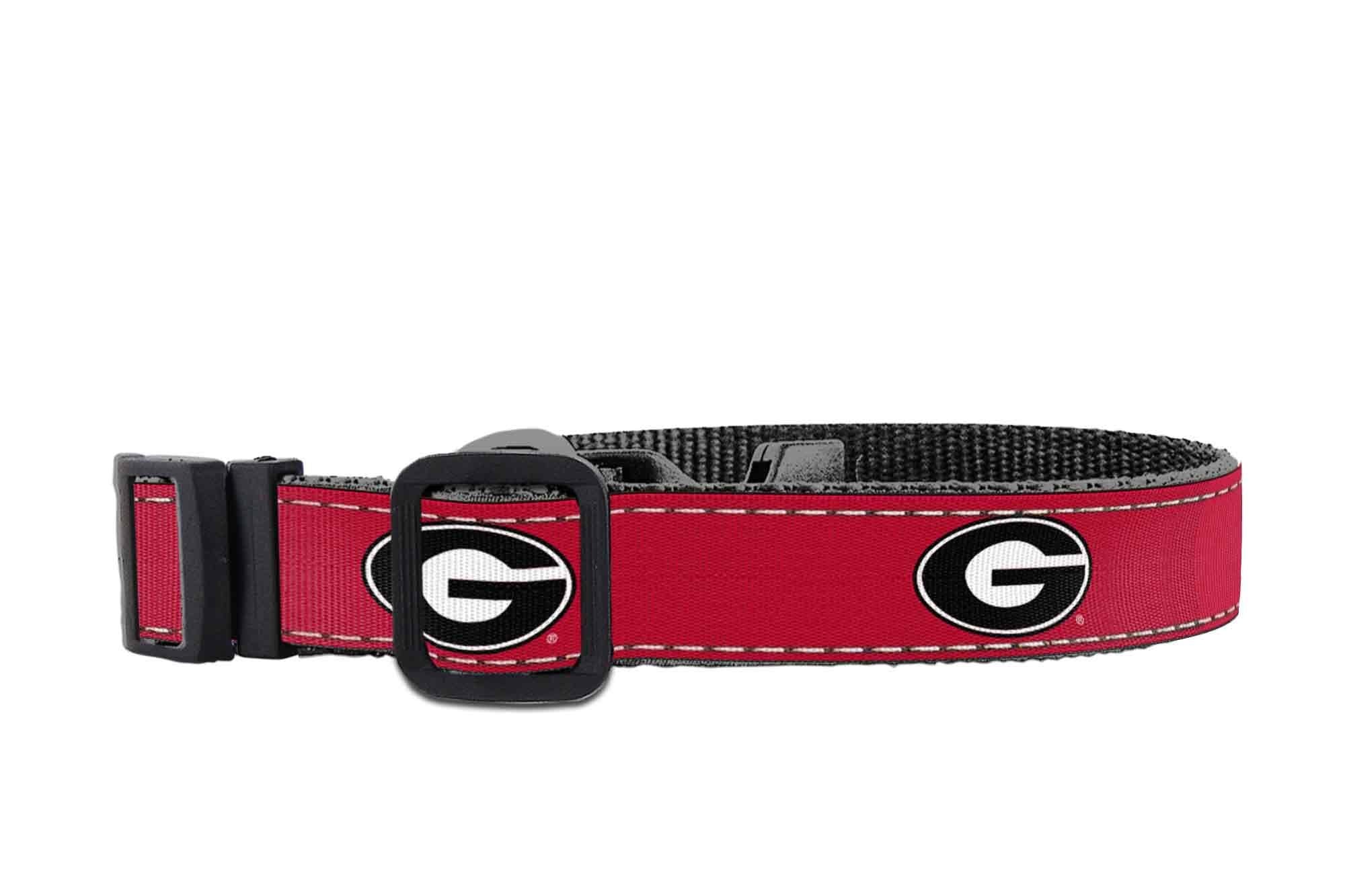 Georgia Bulldogs Collegiate Woven Ribbon Dog Collar. Pet Lead. Adjustable Nylon Webbing. Snap Buckle and D-ring. Swivel Bolt Snap.