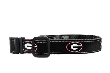 Georgia Bulldogs Collegiate Woven Ribbon Dog Collar. Pet Lead. Adjustable Nylon Webbing. Snap Buckle and D-ring. Swivel Bolt Snap.