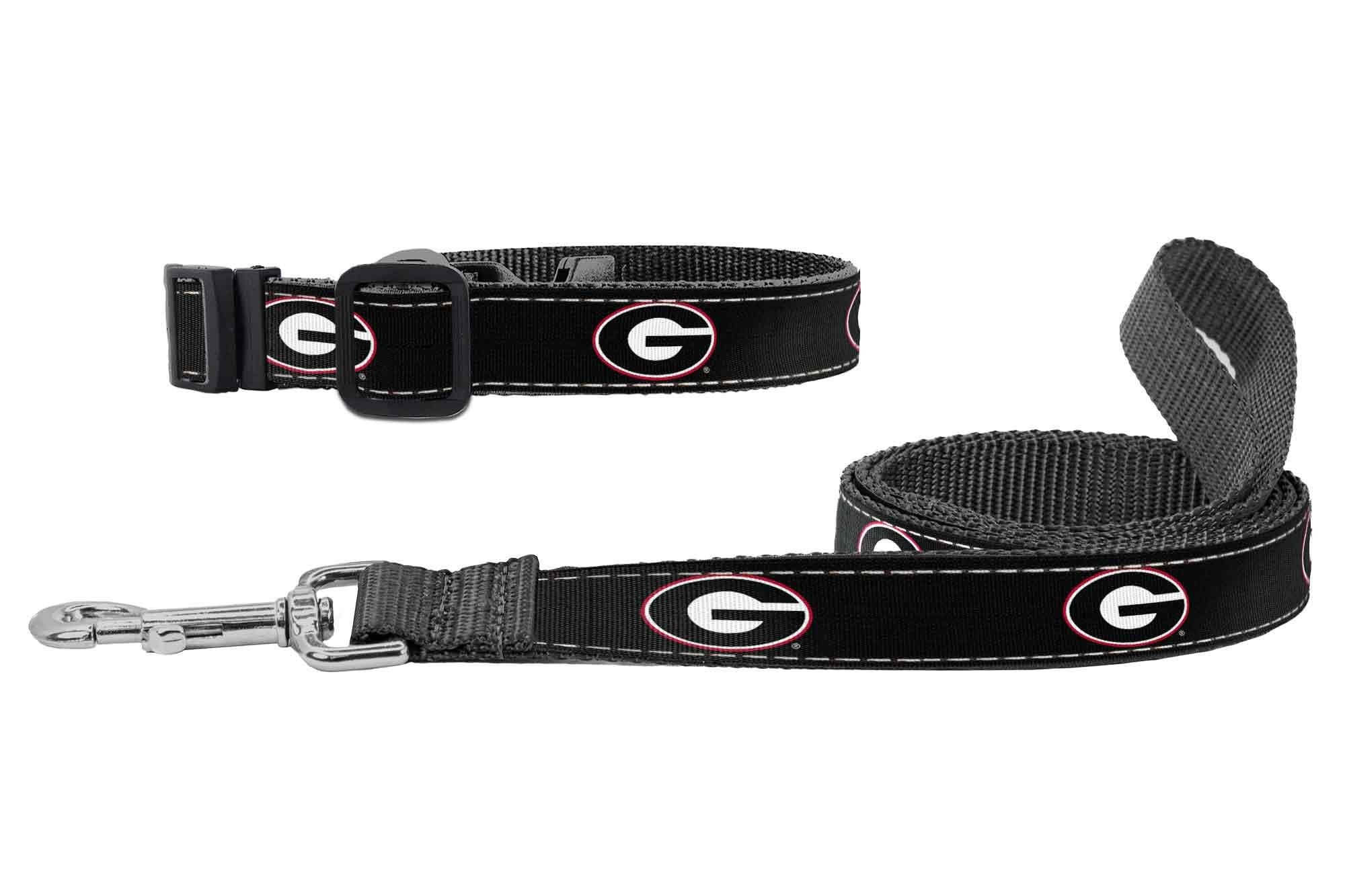 Georgia Bulldogs Collegiate Woven Ribbon Dog Collar. Pet Lead. Adjustable Nylon Webbing. Snap Buckle and D-ring. Swivel Bolt Snap.