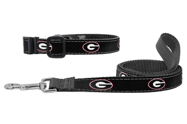 Georgia Bulldogs Collegiate Woven Ribbon Dog Collar. Pet Lead. Adjustable Nylon Webbing. Snap Buckle and D-ring. Swivel Bolt Snap.