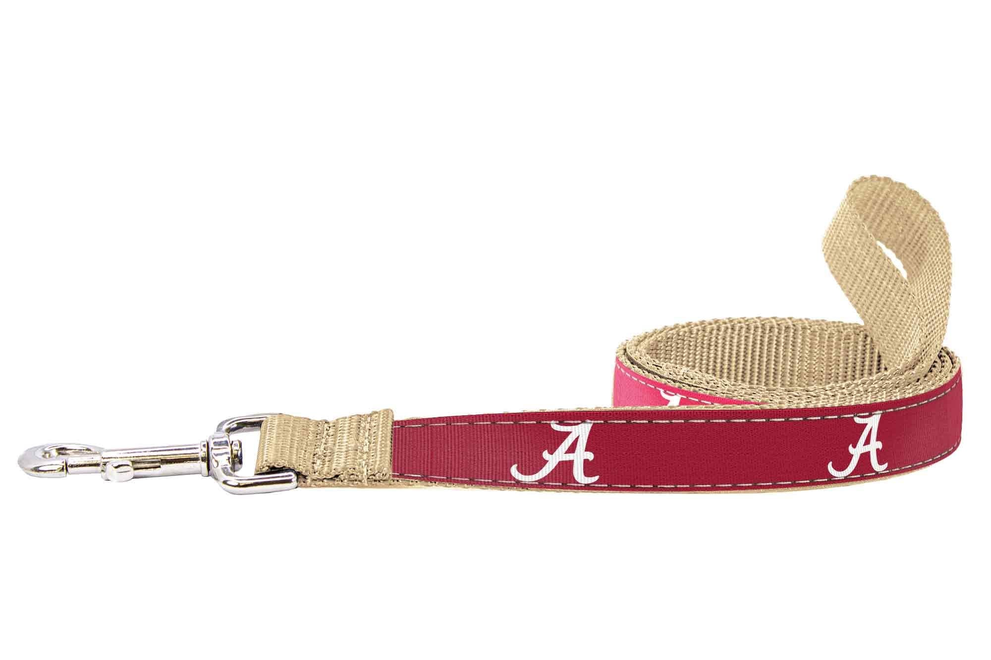 Alabama Crimson Tide Collegiate Woven Ribbon Dog Collar. Pet Lead. Adjustable Nylon Webbing. Snap Buckle and D-ring. Swivel Bolt Snap.