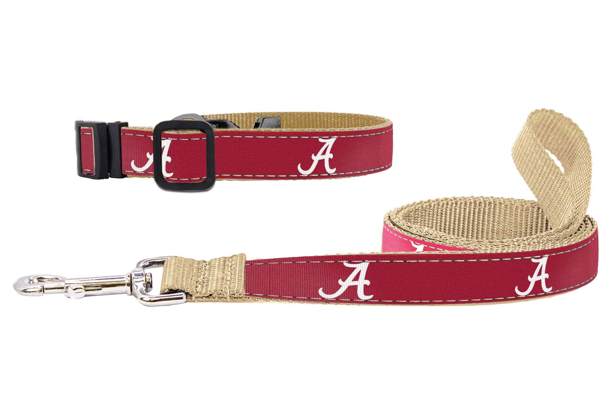 Alabama Crimson Tide Collegiate Woven Ribbon Dog Collar. Pet Lead. Adjustable Nylon Webbing. Snap Buckle and D-ring. Swivel Bolt Snap.