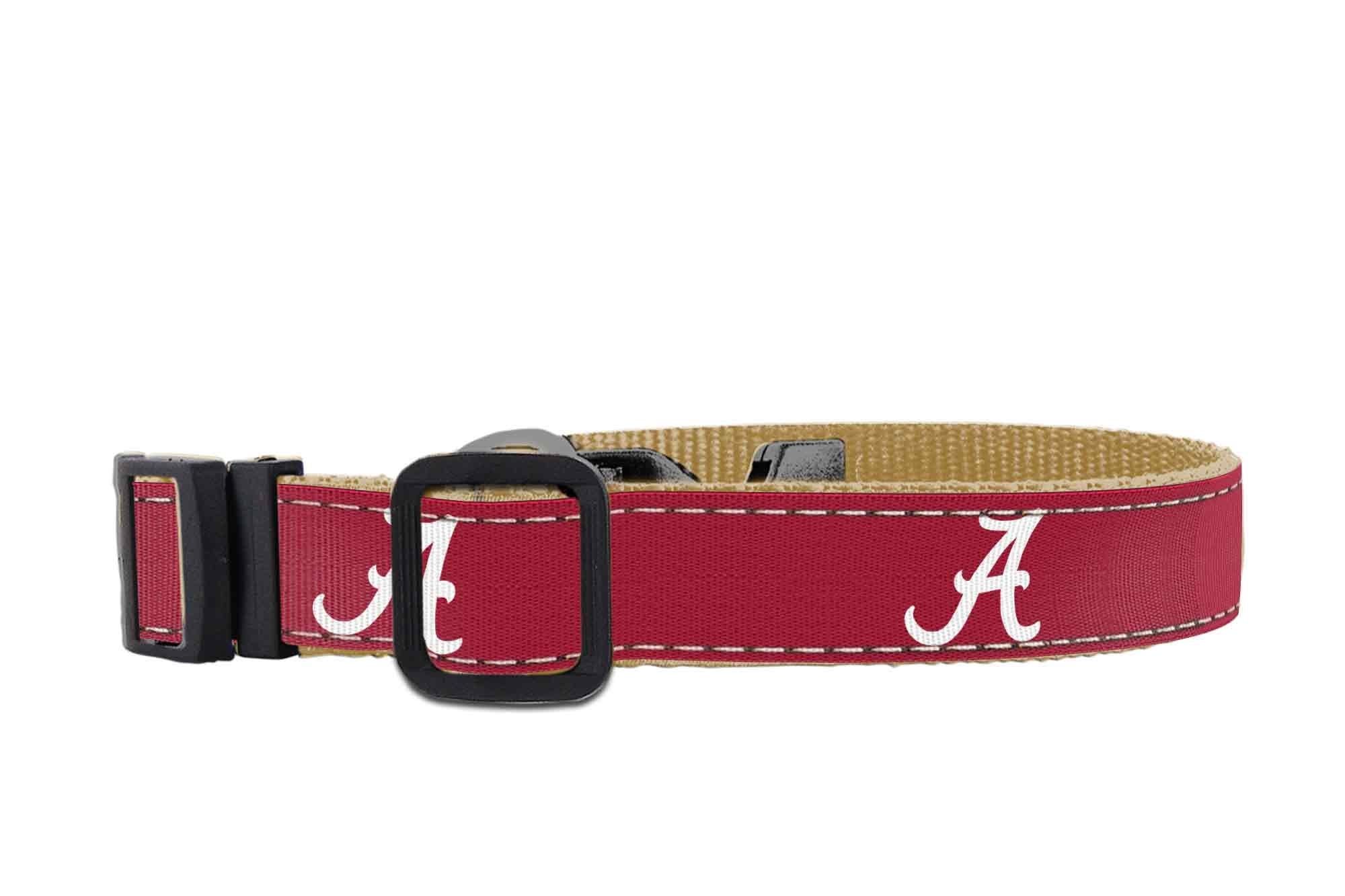 Alabama Crimson Tide Collegiate Woven Ribbon Dog Collar. Pet Lead. Adjustable Nylon Webbing. Snap Buckle and D-ring. Swivel Bolt Snap.