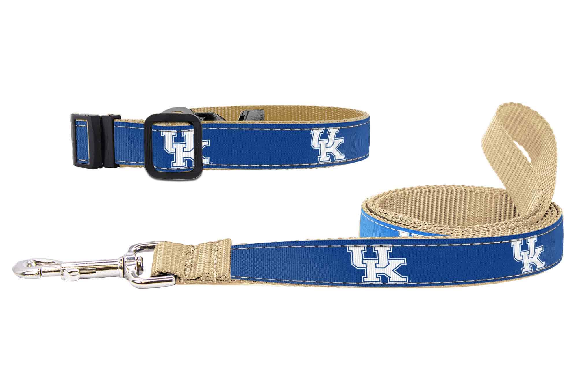 Kentucky Wildcats Tide Collegiate Woven Ribbon Dog Collar. Pet Lead. Adjustable Nylon Webbing. Snap Buckle and D-ring. Swivel Bolt Snap.