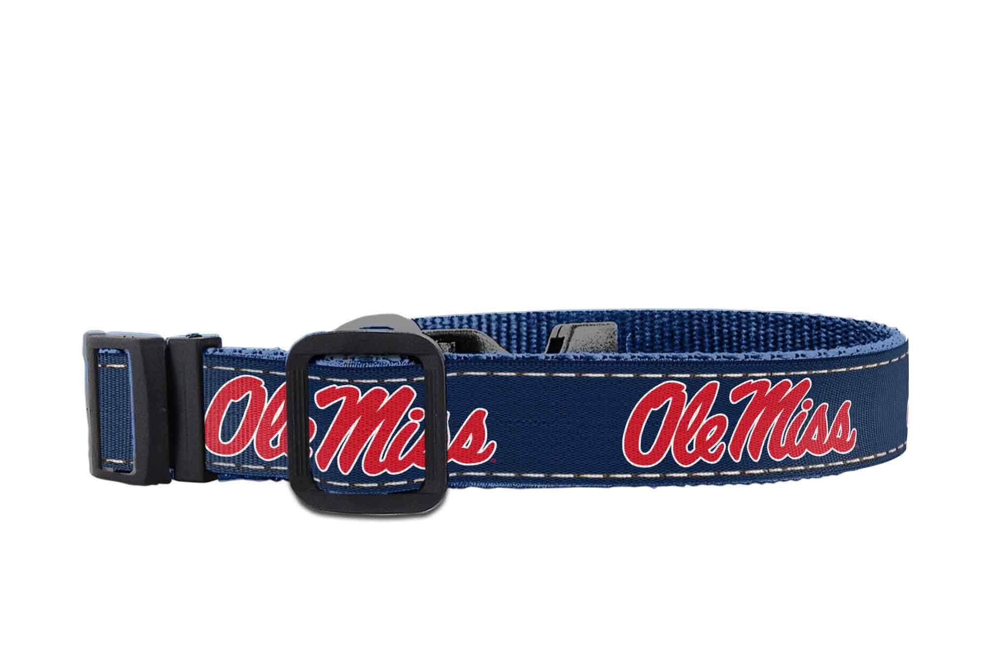 Ole Miss Rebels Collegiate Woven Ribbon Dog Collar. Pet Lead. Adjustable Nylon Webbing. Snap Buckle and D-ring. Swivel Bolt Snap.