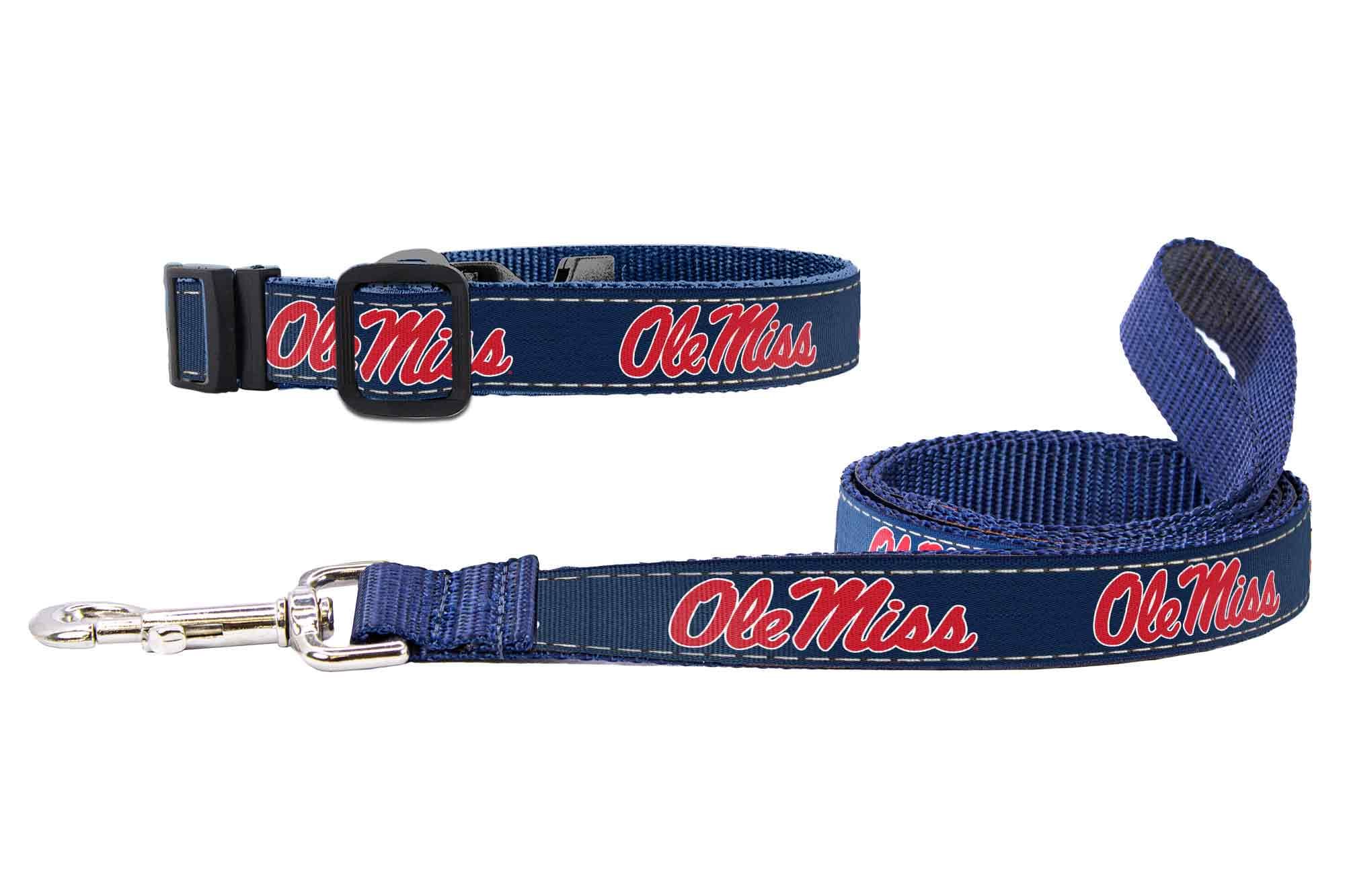 Ole Miss Rebels Collegiate Woven Ribbon Dog Collar. Pet Lead. Adjustable Nylon Webbing. Snap Buckle and D-ring. Swivel Bolt Snap.