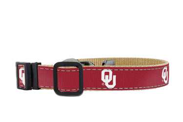 Oklahoma Sooners Collegiate Woven Ribbon Dog Collar. Pet Lead. Adjustable Nylon Webbing. Snap Buckle and D-ring. Swivel Bolt Snap.