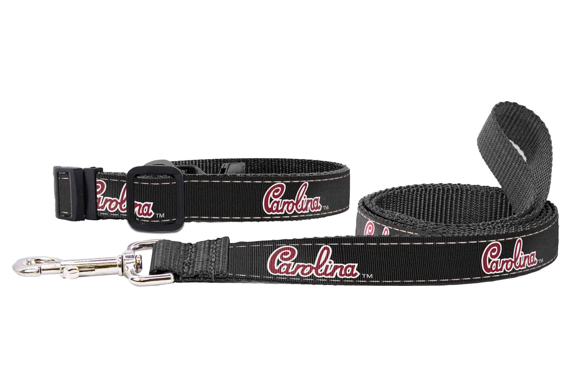 USC Gamecocks Collegiate Woven Ribbon Dog Collar. Pet Lead. Adjustable Nylon Webbing. Snap Buckle and D-ring. Swivel Bolt Snap.