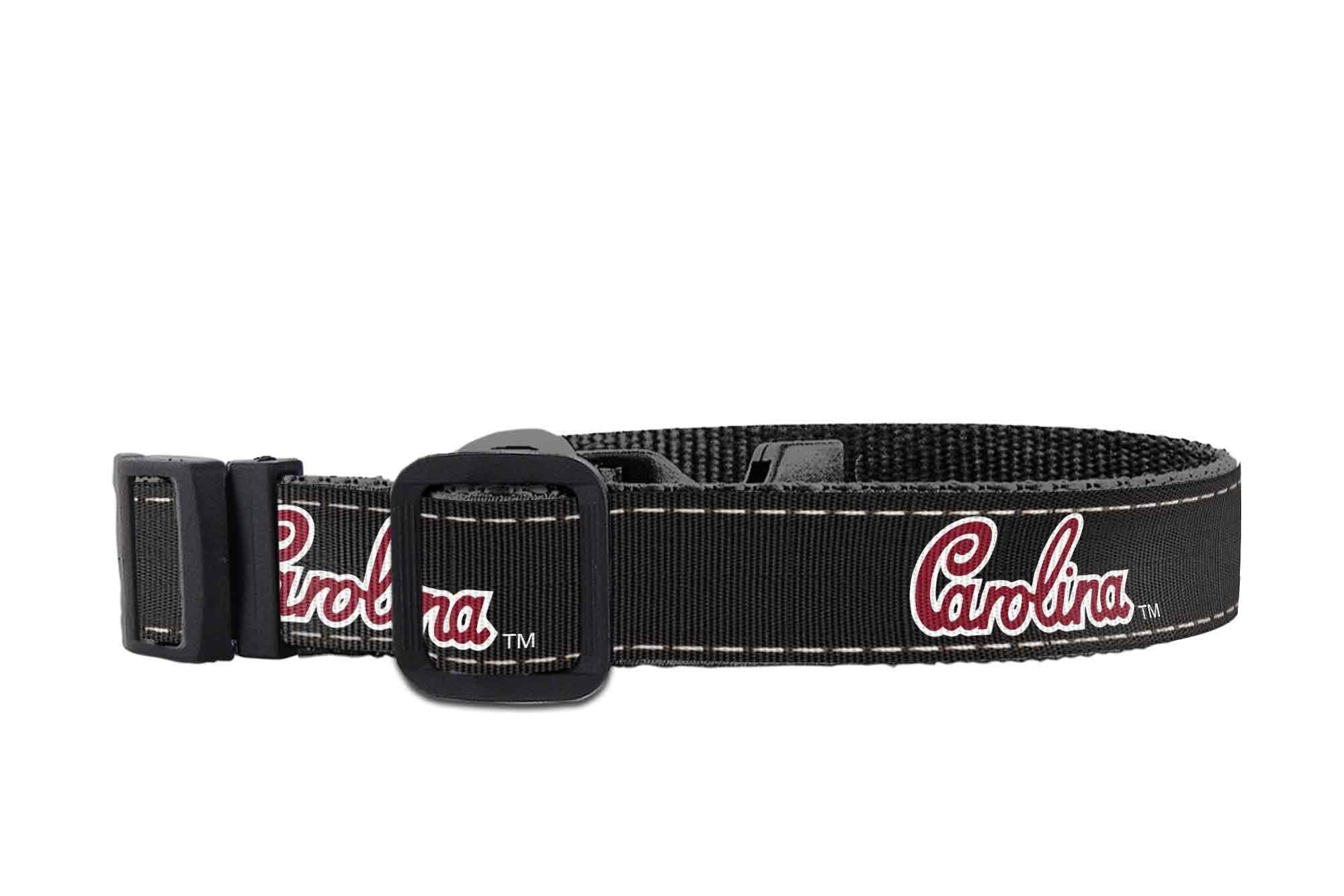 USC Gamecocks Collegiate Woven Ribbon Dog Collar. Pet Lead. Adjustable Nylon Webbing. Snap Buckle and D-ring. Swivel Bolt Snap.