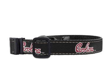 USC Gamecocks Collegiate Woven Ribbon Dog Collar. Pet Lead. Adjustable Nylon Webbing. Snap Buckle and D-ring. Swivel Bolt Snap.