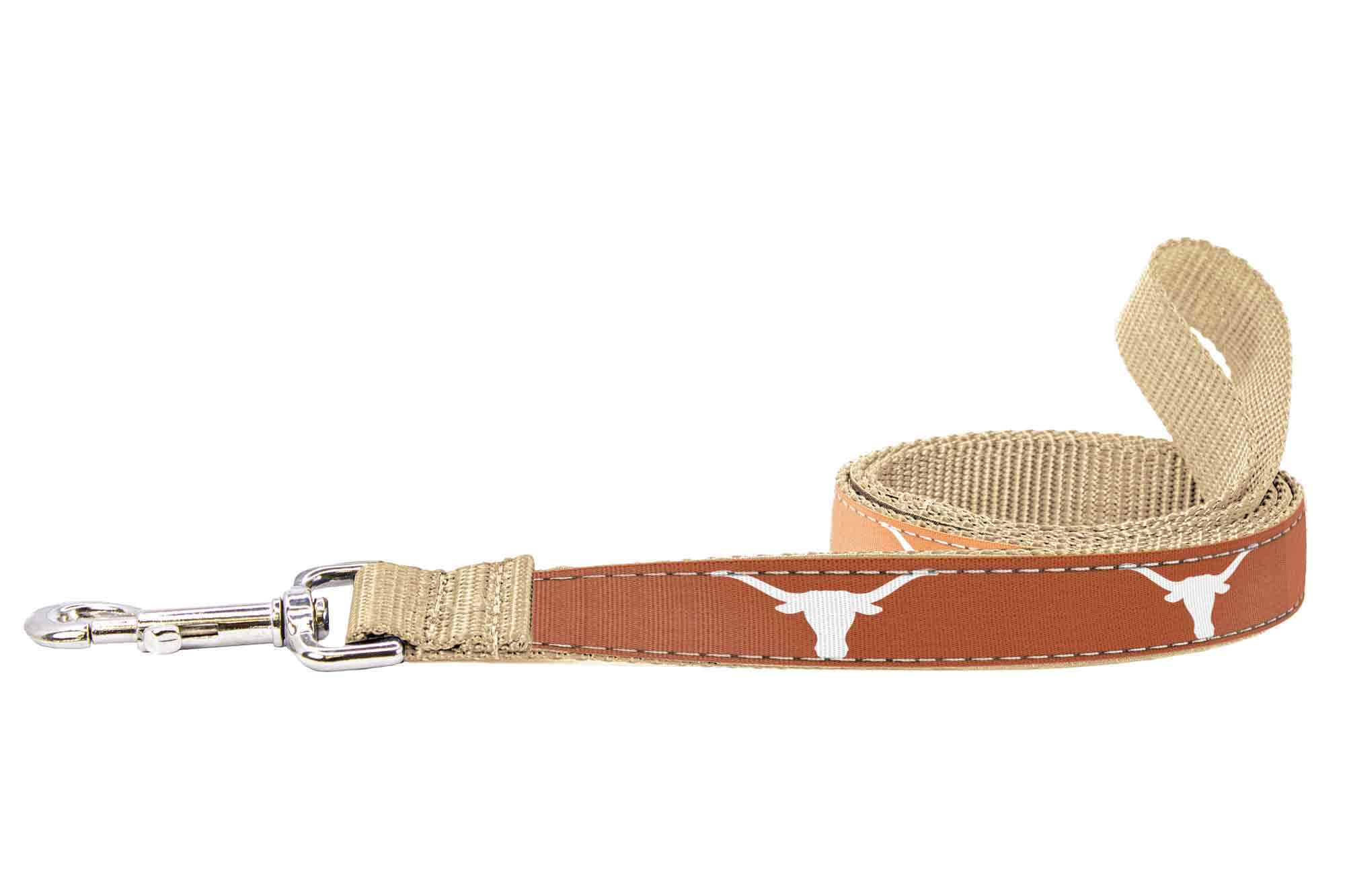 Texas Longhorns Collegiate Woven Ribbon Dog Collar. Pet Lead. Adjustable Nylon Webbing. Snap Buckle and D-ring. Swivel Bolt Snap.