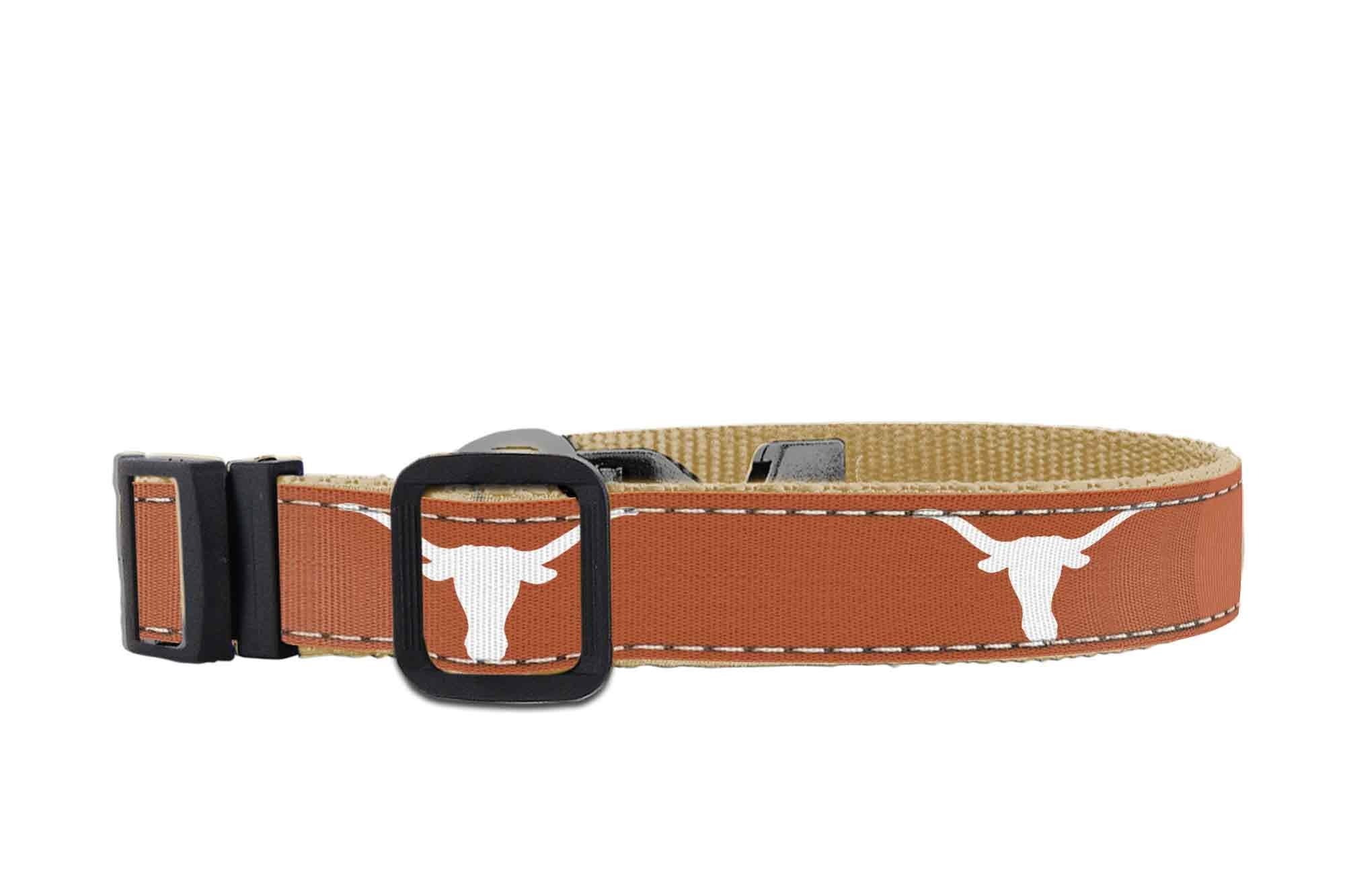 Texas Longhorns Collegiate Woven Ribbon Dog Collar. Pet Lead. Adjustable Nylon Webbing. Snap Buckle and D-ring. Swivel Bolt Snap.