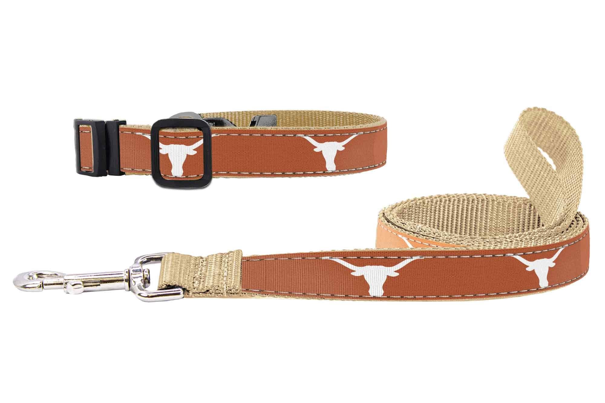 Texas Longhorns Collegiate Woven Ribbon Dog Collar. Pet Lead. Adjustable Nylon Webbing. Snap Buckle and D-ring. Swivel Bolt Snap.