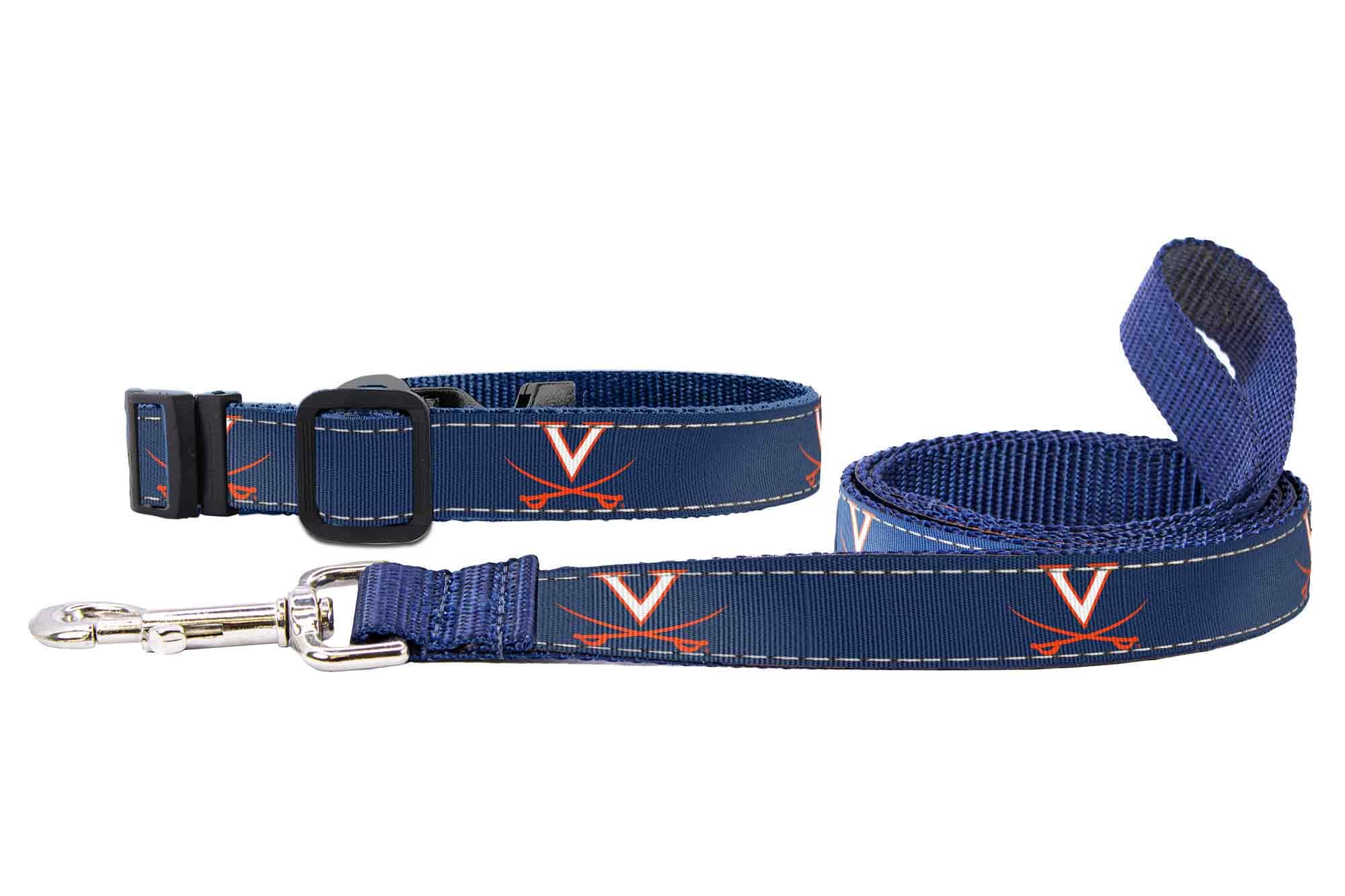 UVA Cavaliers Collegiate Woven Ribbon Dog Collar. Pet Lead. Adjustable Nylon Webbing. Snap Buckle and D-ring. Swivel Bolt Snap.