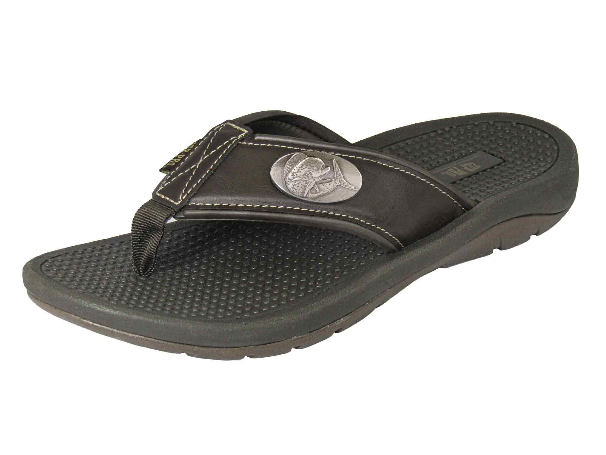 Dolphin Men's Flip Flop Sandal. Casual Boat Show. Fishing Gift. Brown Straps With Metal Concho Logo. Cushioned Insole and Non-skid Outsole.