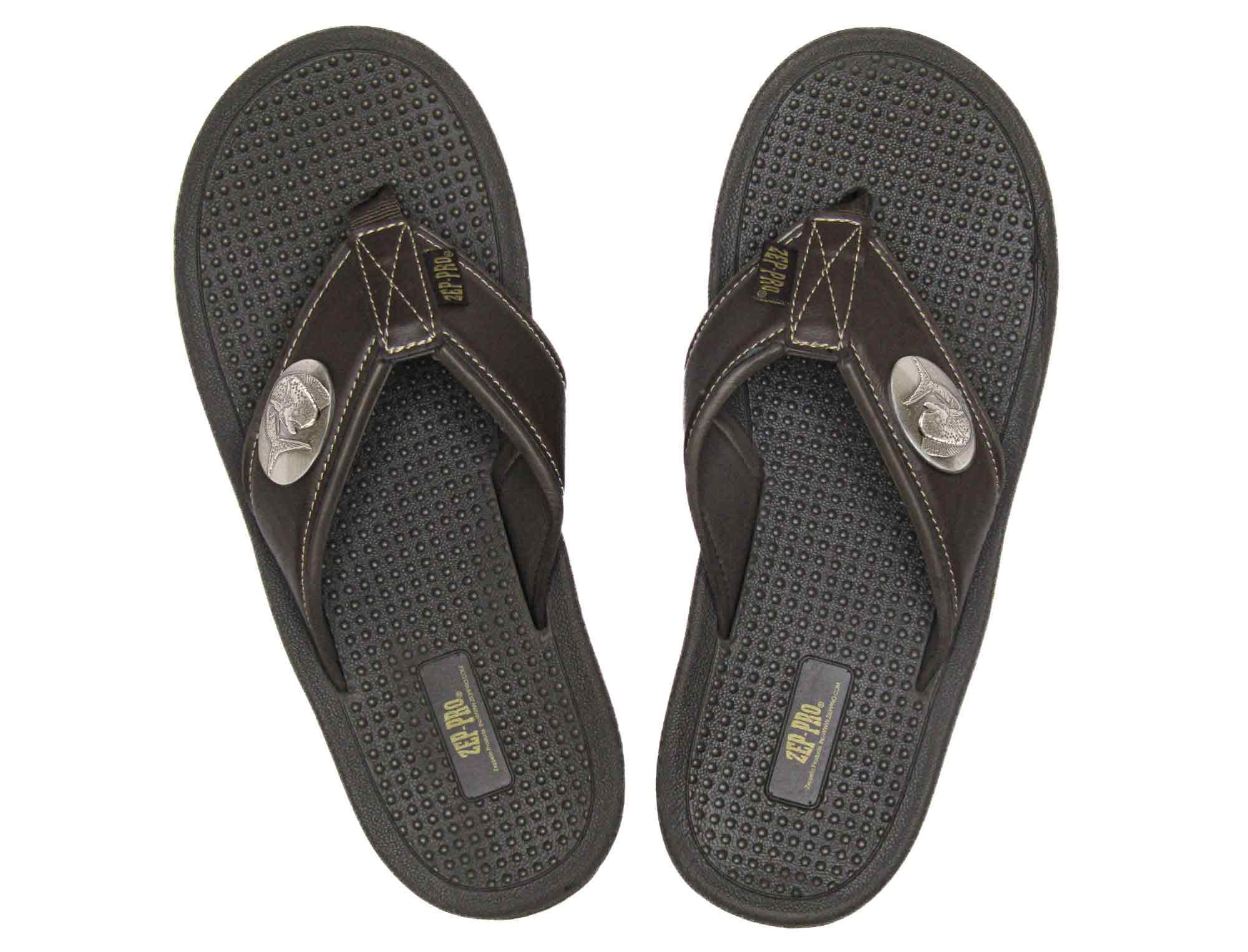 Dolphin Men's Flip Flop Sandal. Casual Boat Show. Fishing Gift. Brown Straps With Metal Concho Logo. Cushioned Insole and Non-skid Outsole.