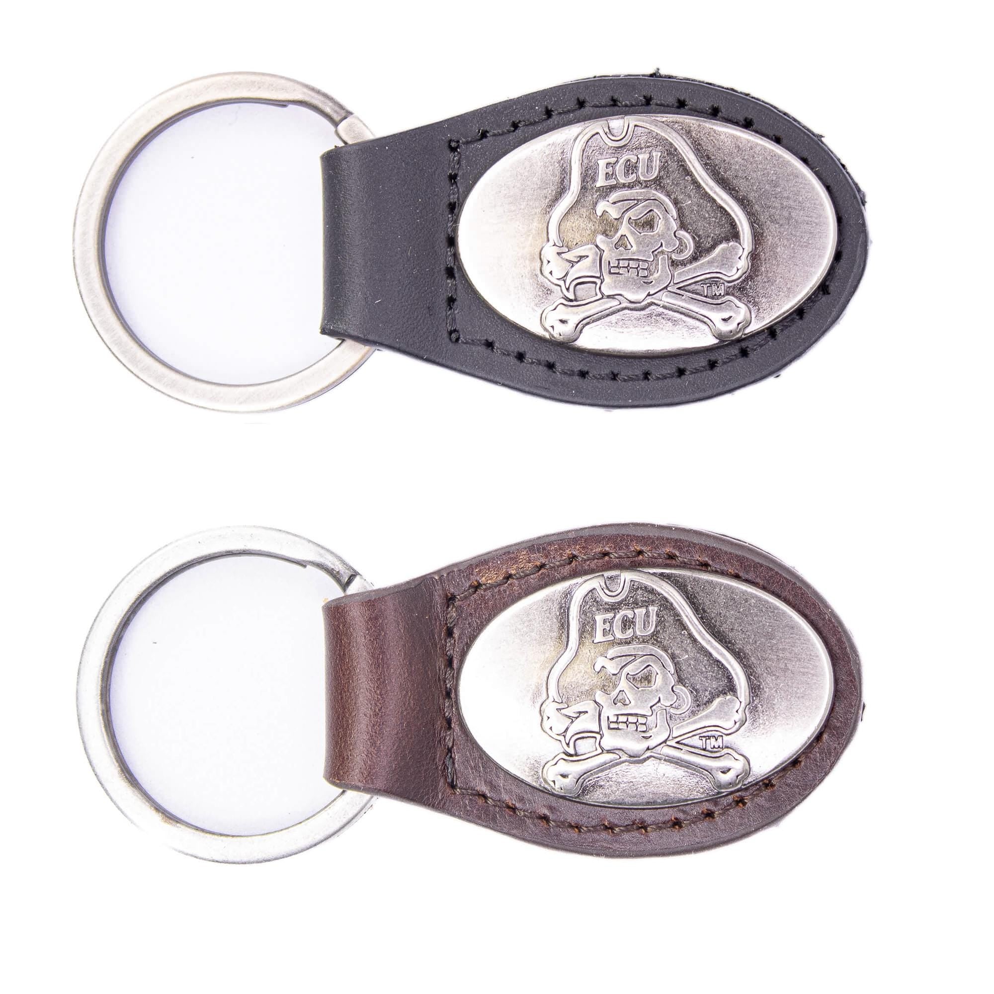 ECU Pirates Oval Leather Key Fob. Sturdy Split Ring and Durable Stitching. Perfect Collegiate Key Chain Gift. Brown or Black Leather.