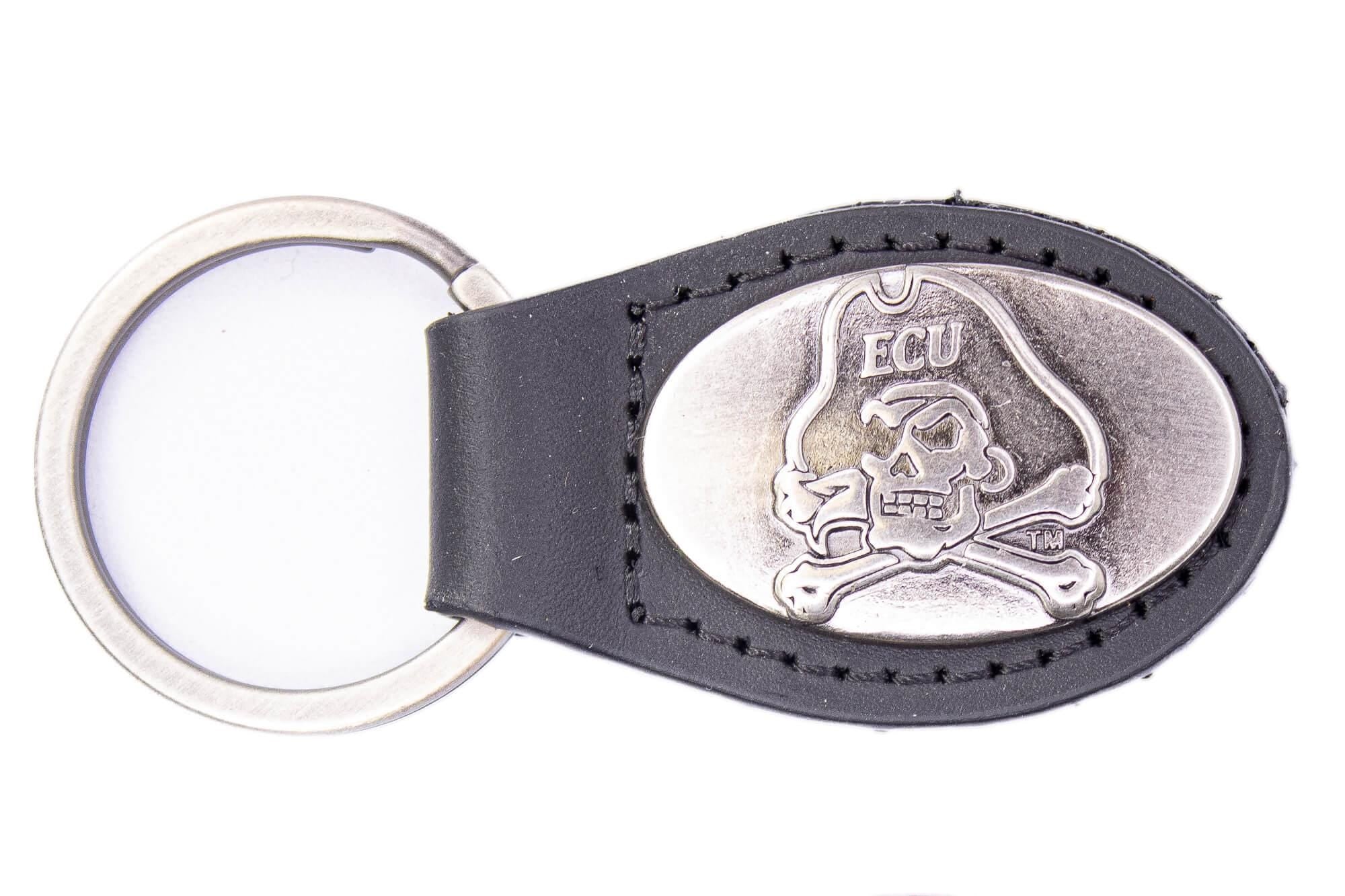 ECU Pirates Oval Leather Key Fob. Sturdy Split Ring and Durable Stitching. Perfect Collegiate Key Chain Gift. Brown or Black Leather.