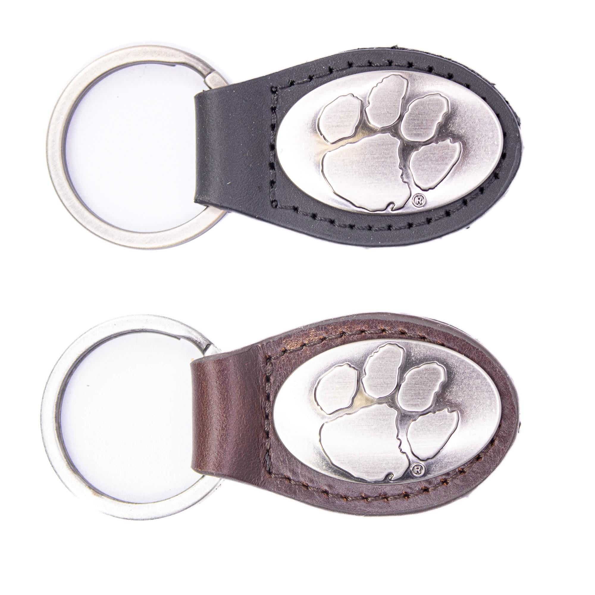 Clemson Tigers Oval Leather Key Fob. Sturdy Split Ring and Durable Stitching. Perfect Collegiate Key Chain Gift. Brown or Black Leather.