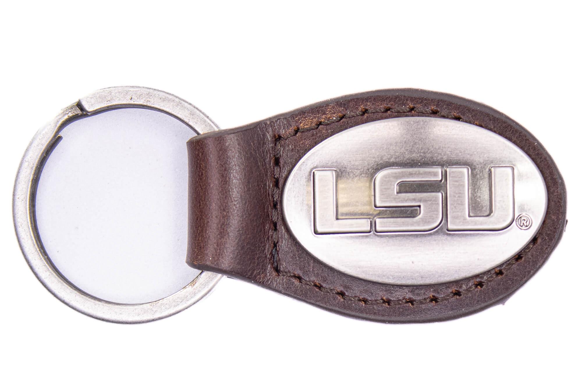 LSU Tigers Oval Leather Key Fob. Sturdy Split Ring and Durable Stitching. Perfect Collegiate Key Chain Gift. Brown or Black Leather.