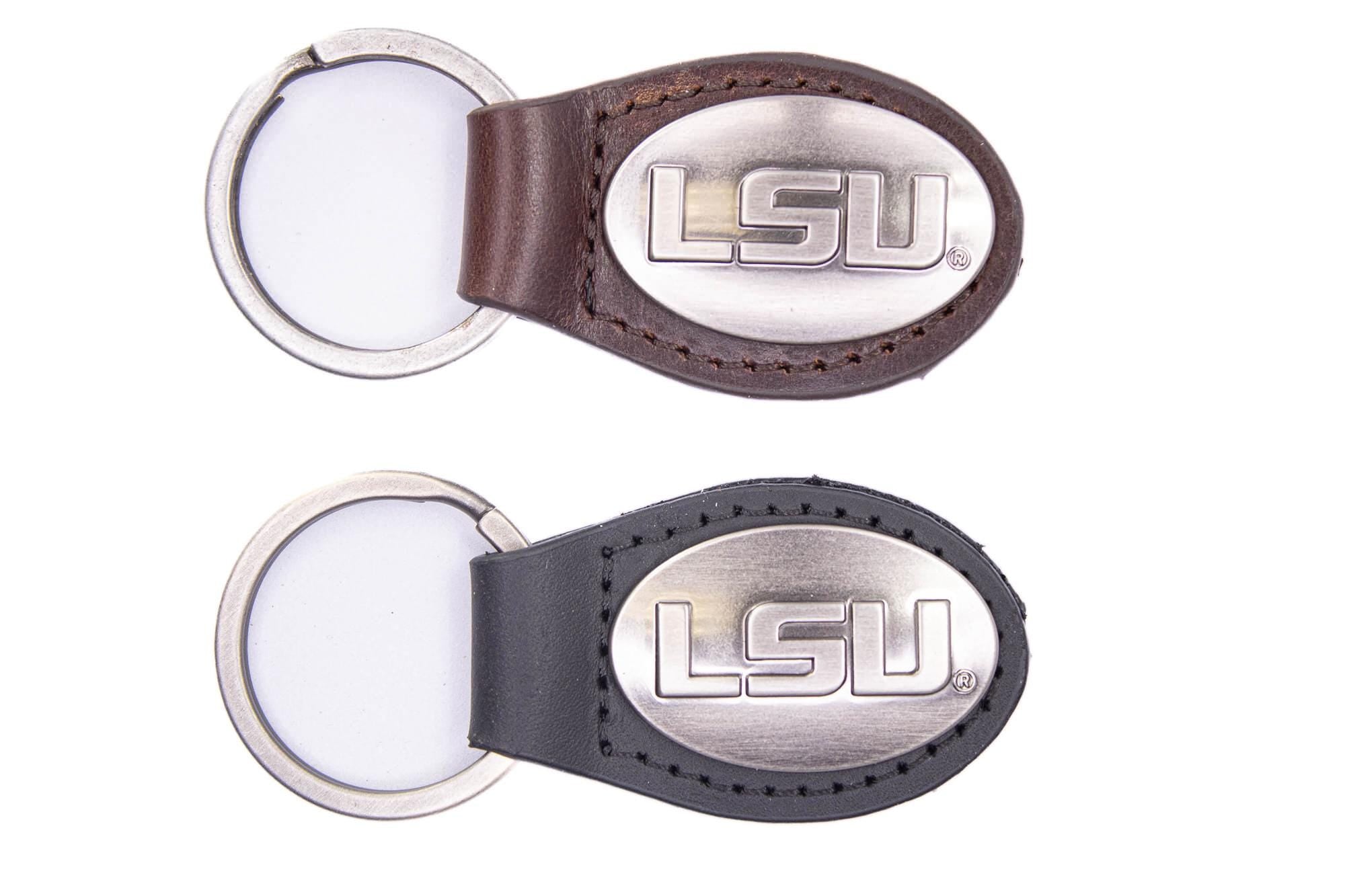 LSU Tigers Oval Leather Key Fob. Sturdy Split Ring and Durable Stitching. Perfect Collegiate Key Chain Gift. Brown or Black Leather.