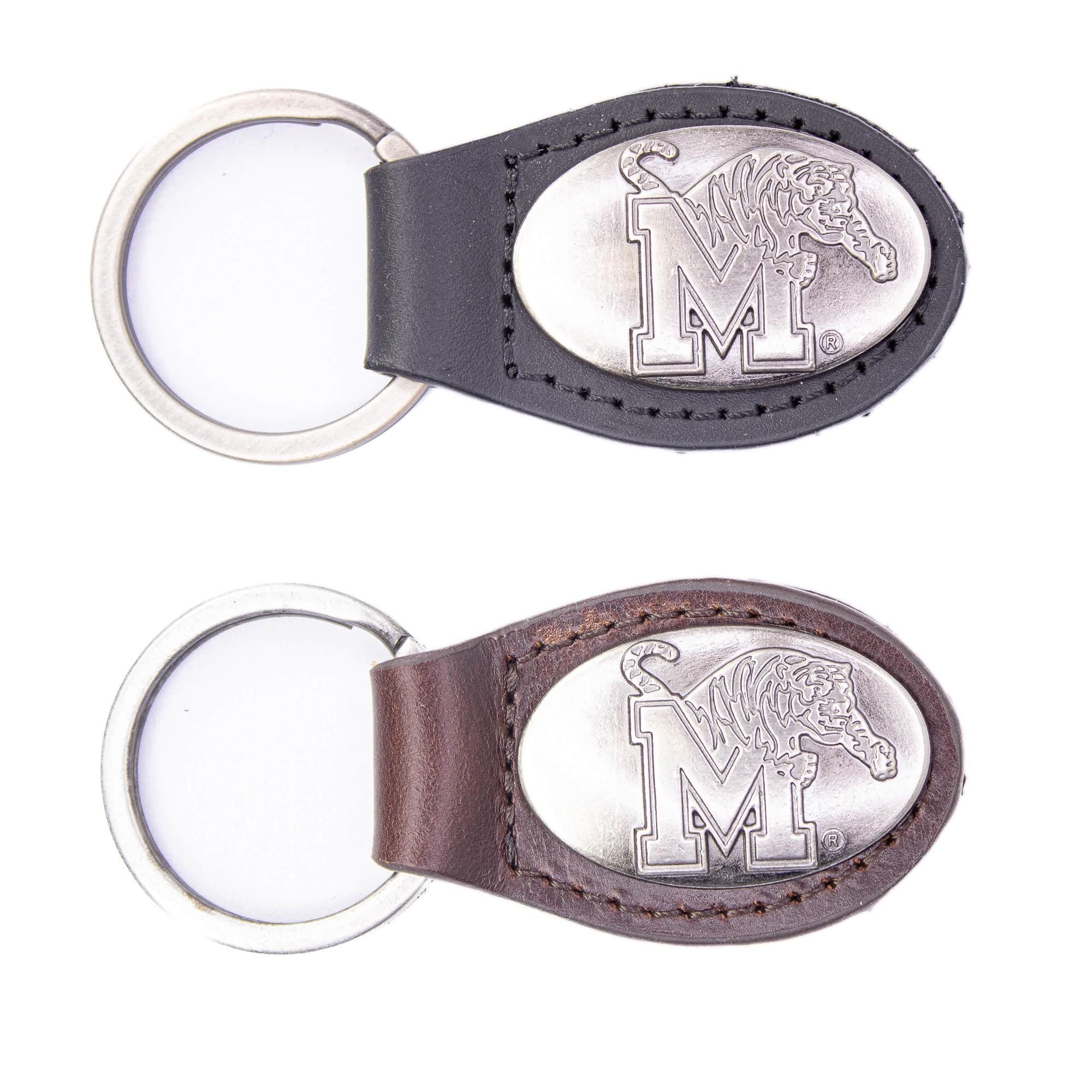 Memphis Tigers Oval Leather Key Fob. Sturdy Split Ring and Durable Stitching. Perfect Collegiate Key Chain Gift. Brown or Black Leather.