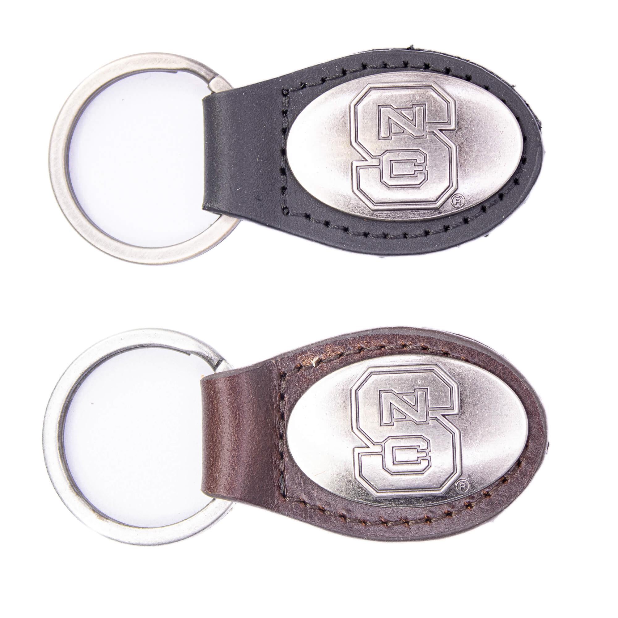 NC State Wolfpack Oval Leather Key Fob. Sturdy Split Ring and Durable Stitching. Perfect Collegiate Key Chain Gift. Brown or Black Leather.