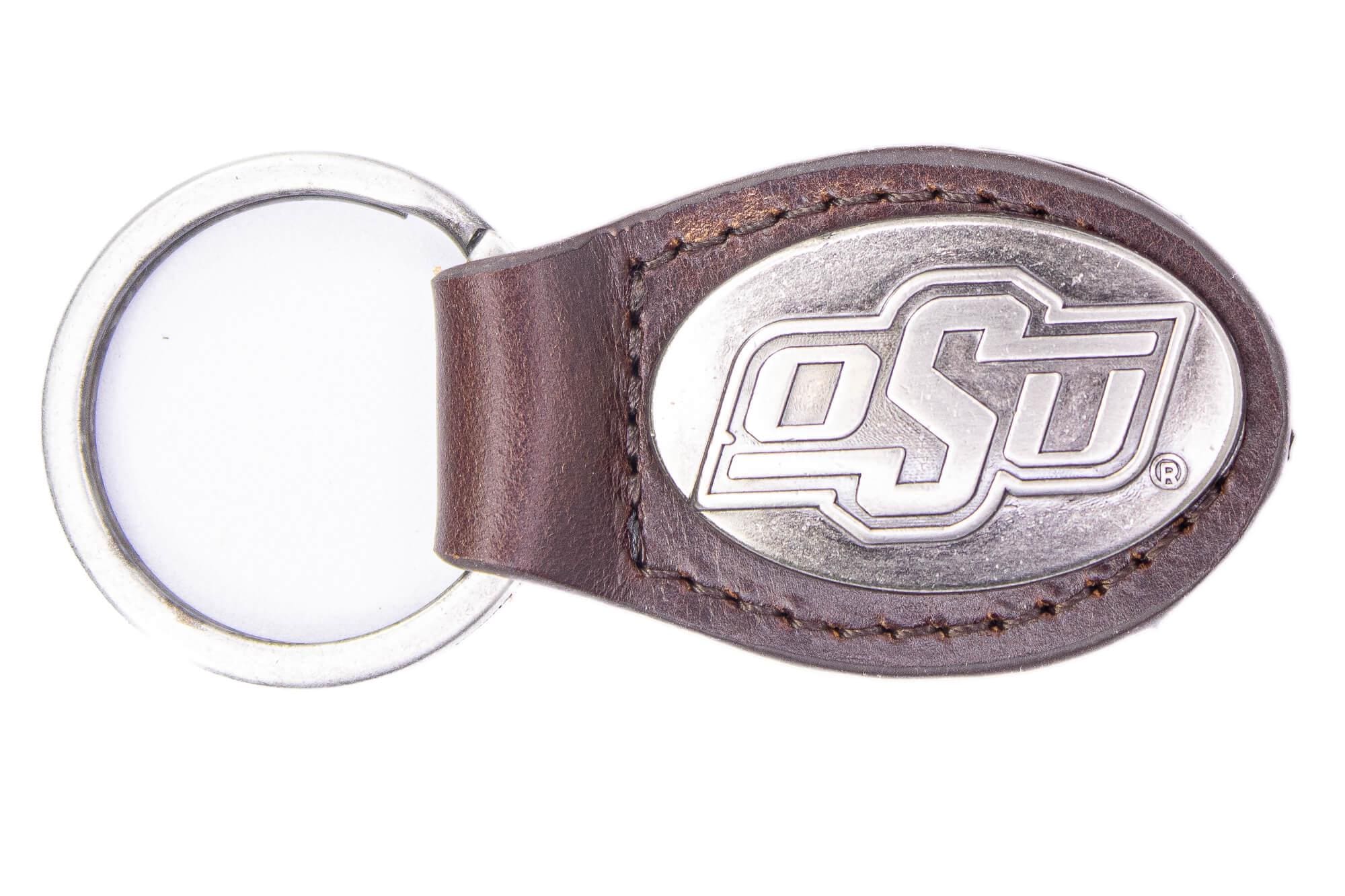 Oklahoma State Cowboys Oval Leather Key Fob. Split Ring and Durable Stitching. Perfect Collegiate Key Chain Gift. Brown or Black Leather.
