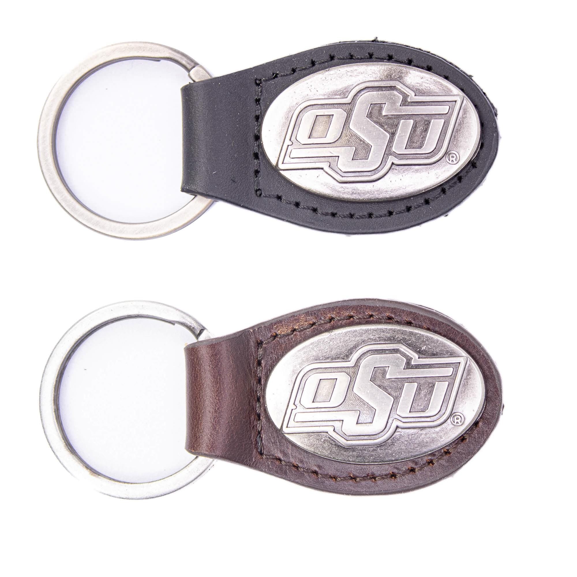 Oklahoma State Cowboys Oval Leather Key Fob. Split Ring and Durable Stitching. Perfect Collegiate Key Chain Gift. Brown or Black Leather.