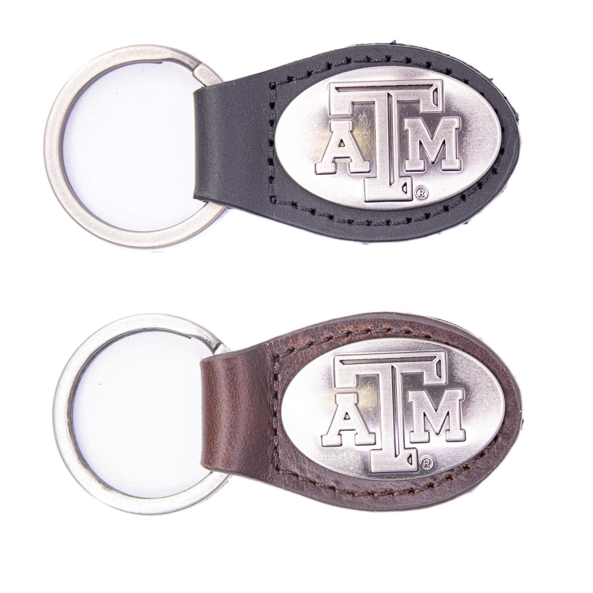 Texas A&M Aggies Oval Leather Key Fob. Sturdy Split Ring and Durable Stitching. Perfect Collegiate Key Chain Gift. Brown or Black Leather.