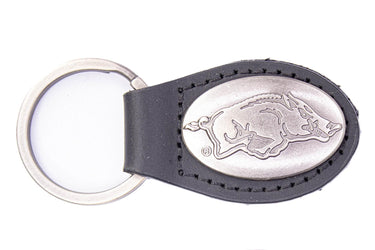 Arkansas Razorbacks Oval Leather Key Fob. Sturdy Split Ring and Durable Stitching. Perfect Collegiate Key Chain Gift. Brown or Black Leather