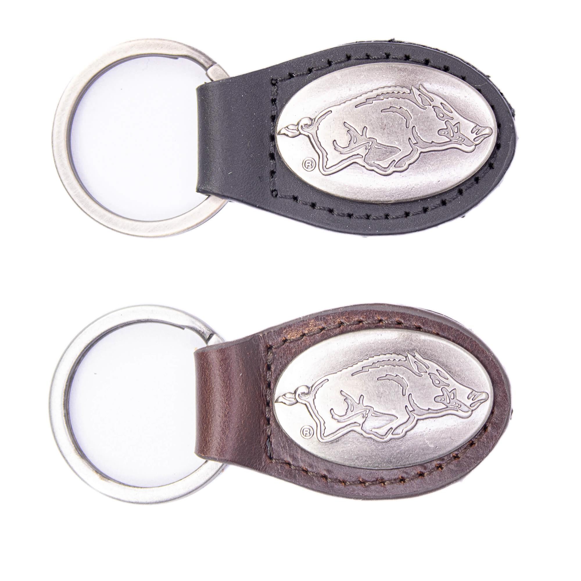 Arkansas Razorbacks Oval Leather Key Fob. Sturdy Split Ring and Durable Stitching. Perfect Collegiate Key Chain Gift. Brown or Black Leather