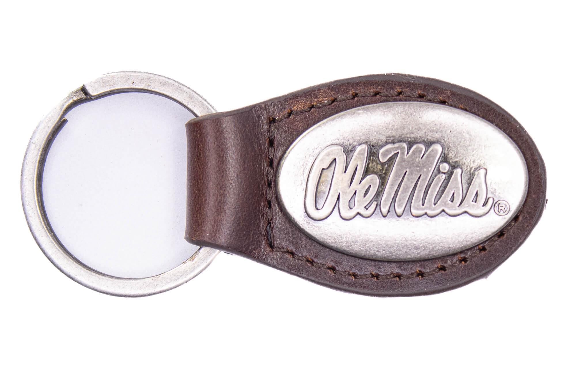 Ole Miss Rebels Oval Leather Key Fob. Sturdy Split Ring and Durable Stitching. Perfect Collegiate Key Chain Gift. Brown or Black Leather.