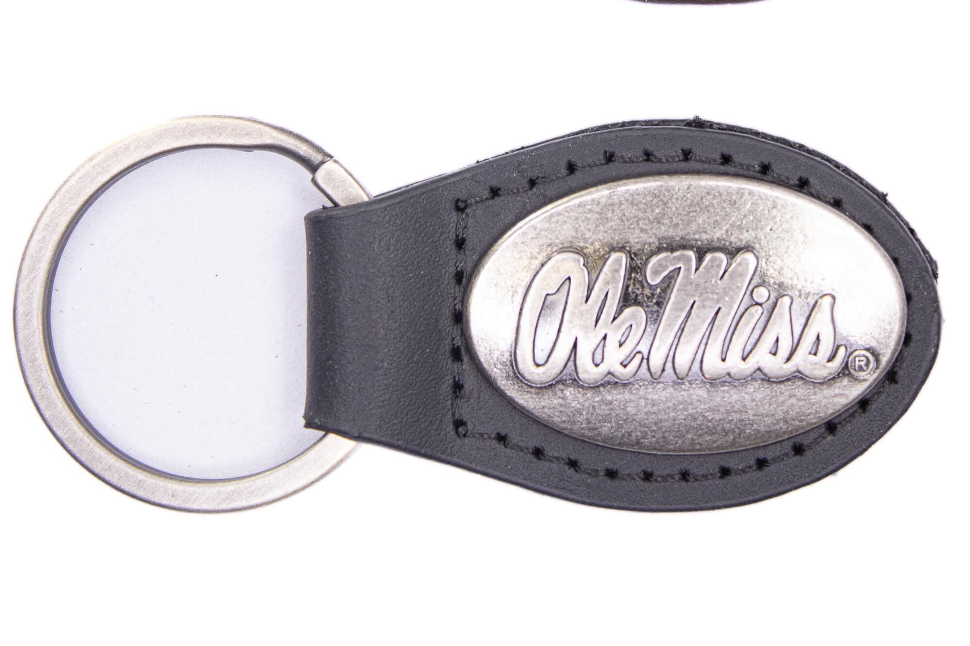 Ole Miss Rebels Oval Leather Key Fob. Sturdy Split Ring and Durable Stitching. Perfect Collegiate Key Chain Gift. Brown or Black Leather.